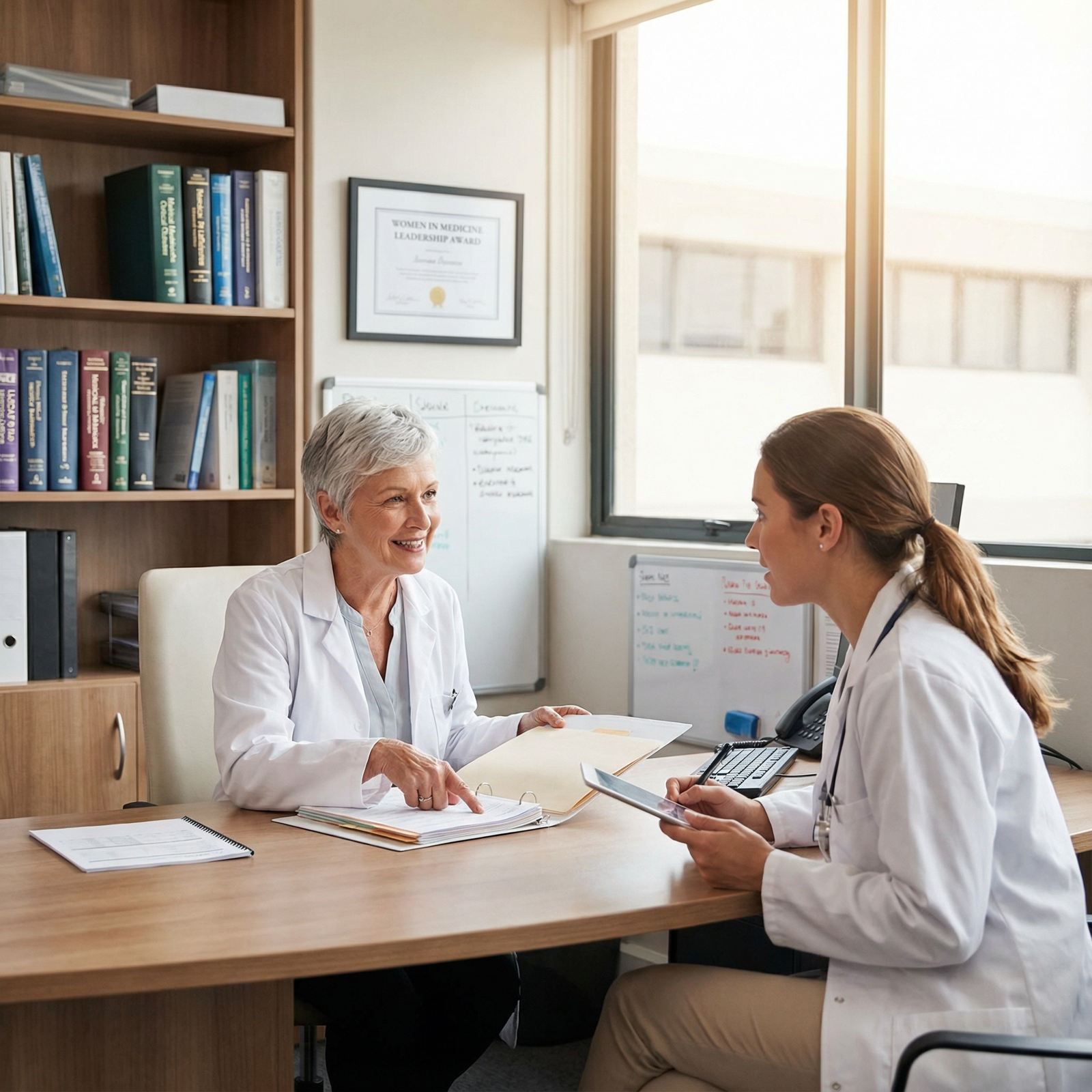 Woman physician mentoring a junior colleague in a hospital office - Gender Equity for Empowering Women Physicians: Achieving