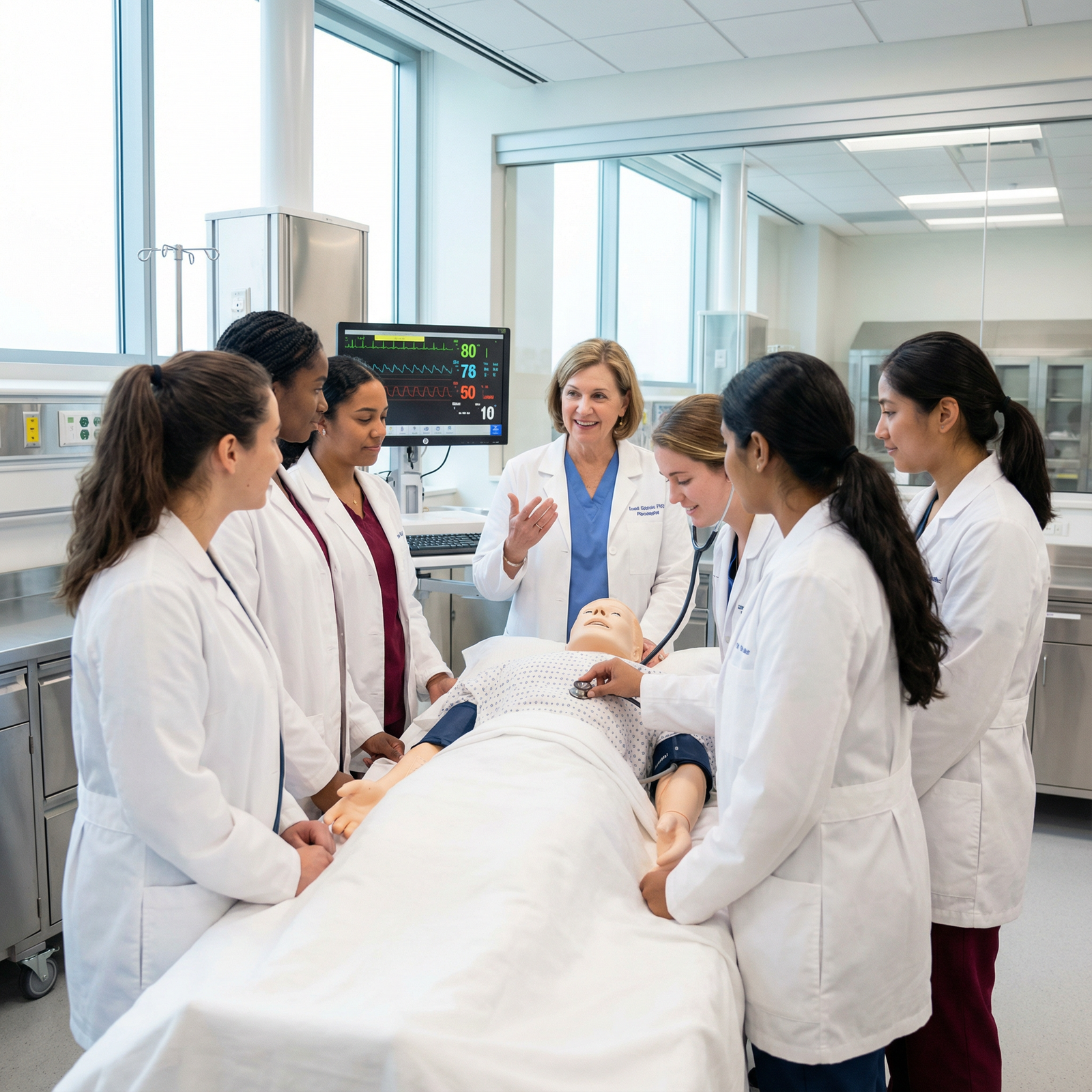 Female medical students collaborating in a clinical skills lab - Women in Medicine for Empowering Female Doctors: Navigating