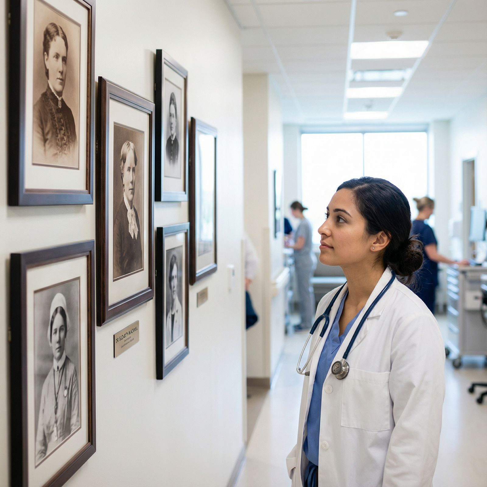 Modern female physician reflecting on historic women in medicine - Women in Medicine for Honoring Female Trailblazers: Women