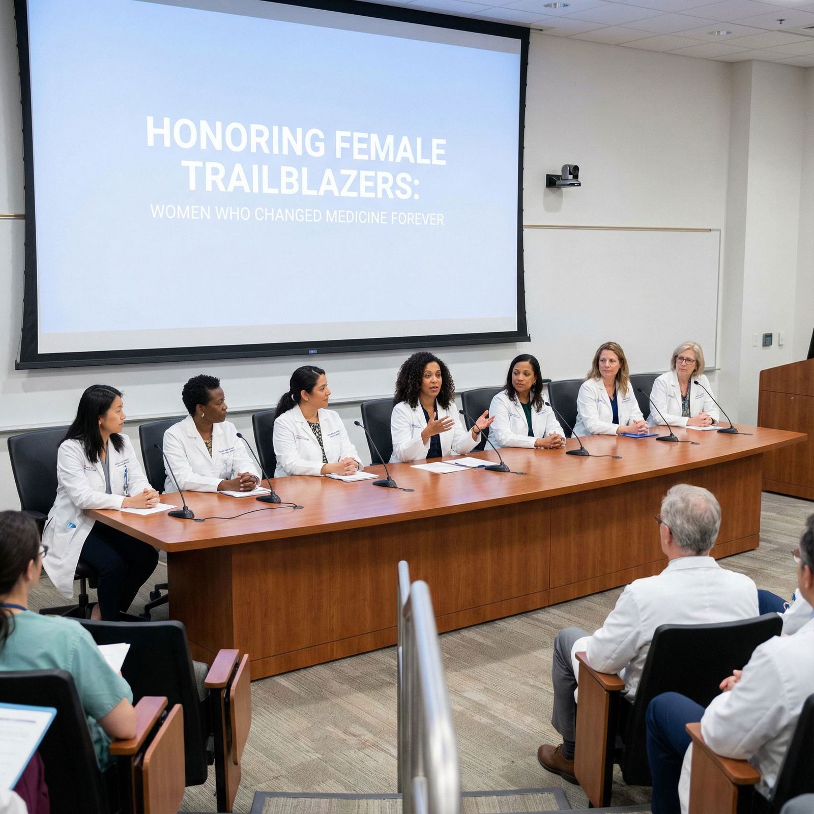 Panel of diverse women physicians leading a discussion - Women in Medicine for Honoring Female Trailblazers: Women Who Change