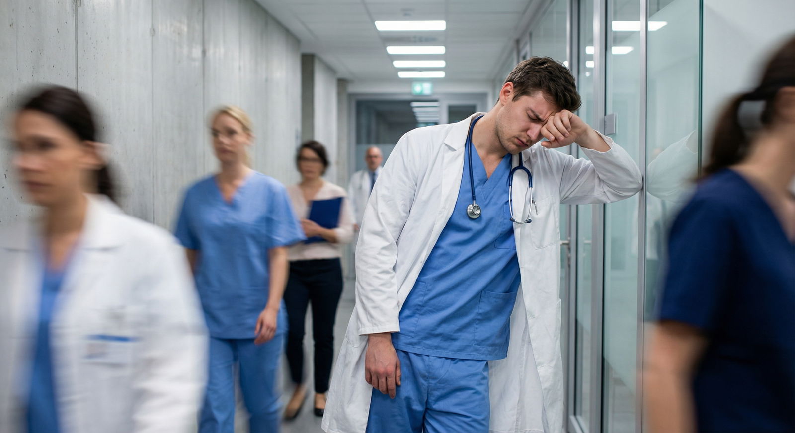Medical resident experiencing burnout in hospital corridor - Mental Health for Recognizing Workplace Stress: Safeguard Your M