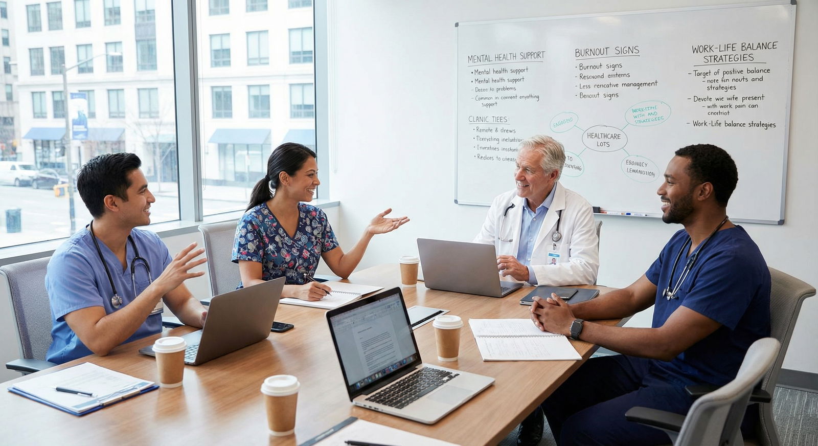 Healthcare team discussing mental health and work-life balance - Mental Health for Recognizing Workplace Stress: Safeguard Yo