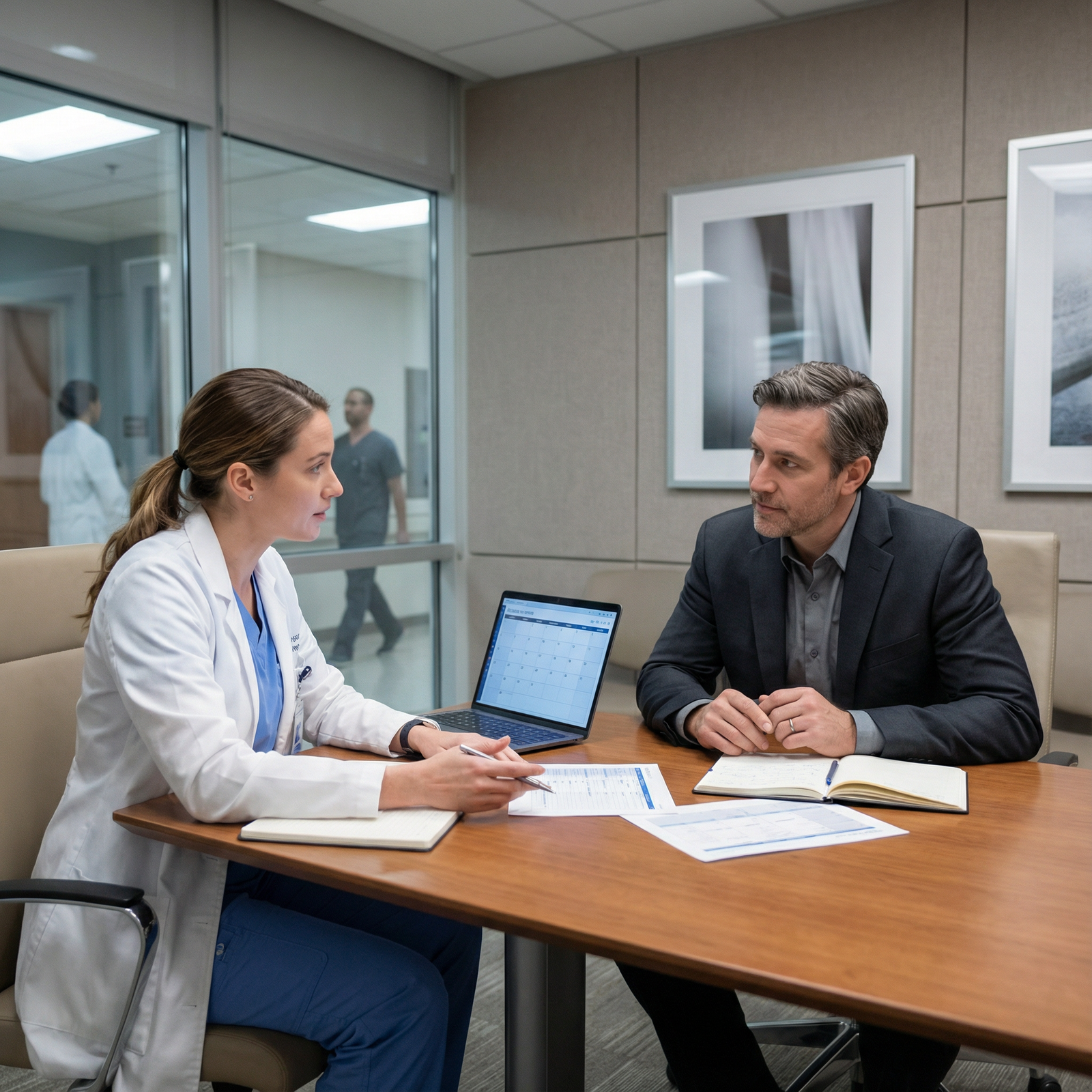 Resident discussing boundaries and workload with supervising physician Resident discussing boundaries and workload with supervising physician - Mental Health for Mastering Boundaries: Essential St