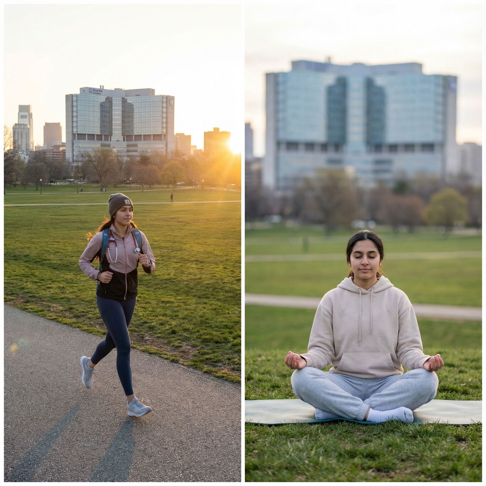 Medical trainee practicing self-care through exercise and mindfulness Medical trainee practicing self-care through exercise and mindfulness - Burnout Prevention for Essential Strategies for Burno