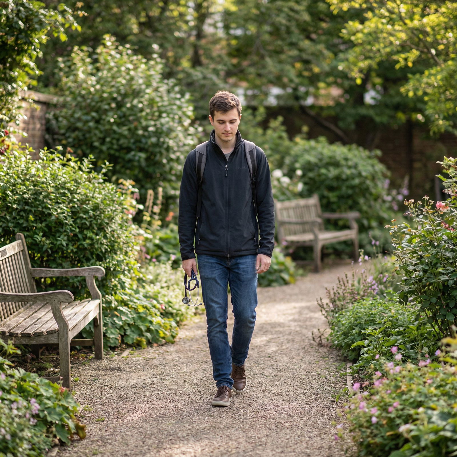 Medical student practicing mindful walking in a hospital garden - Burnout Prevention for Rejuvenate and Conquer Burnout: 5 Es