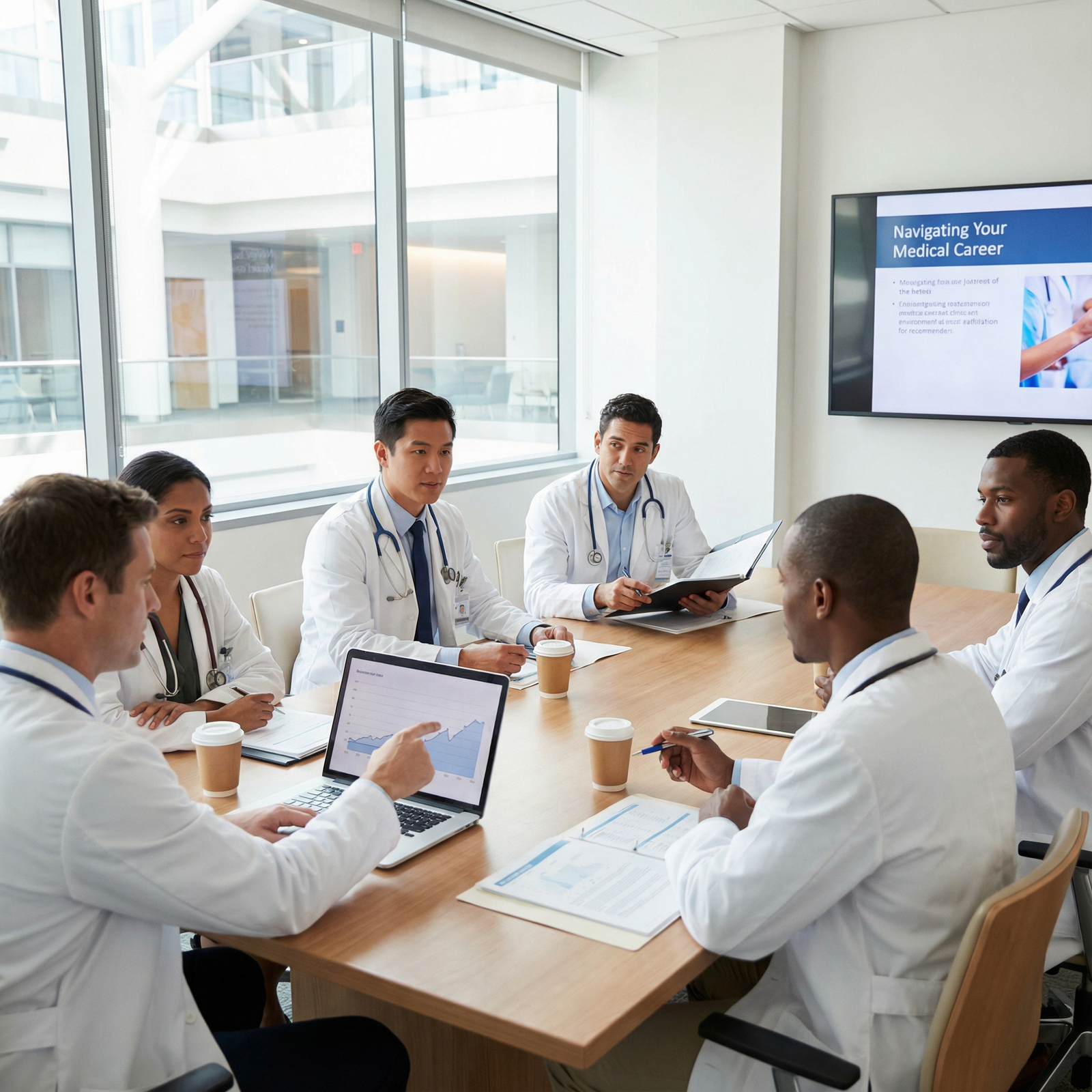 Residents discussing career paths in academic medicine versus private practice - Career in Medicine for Navigating Your Medic