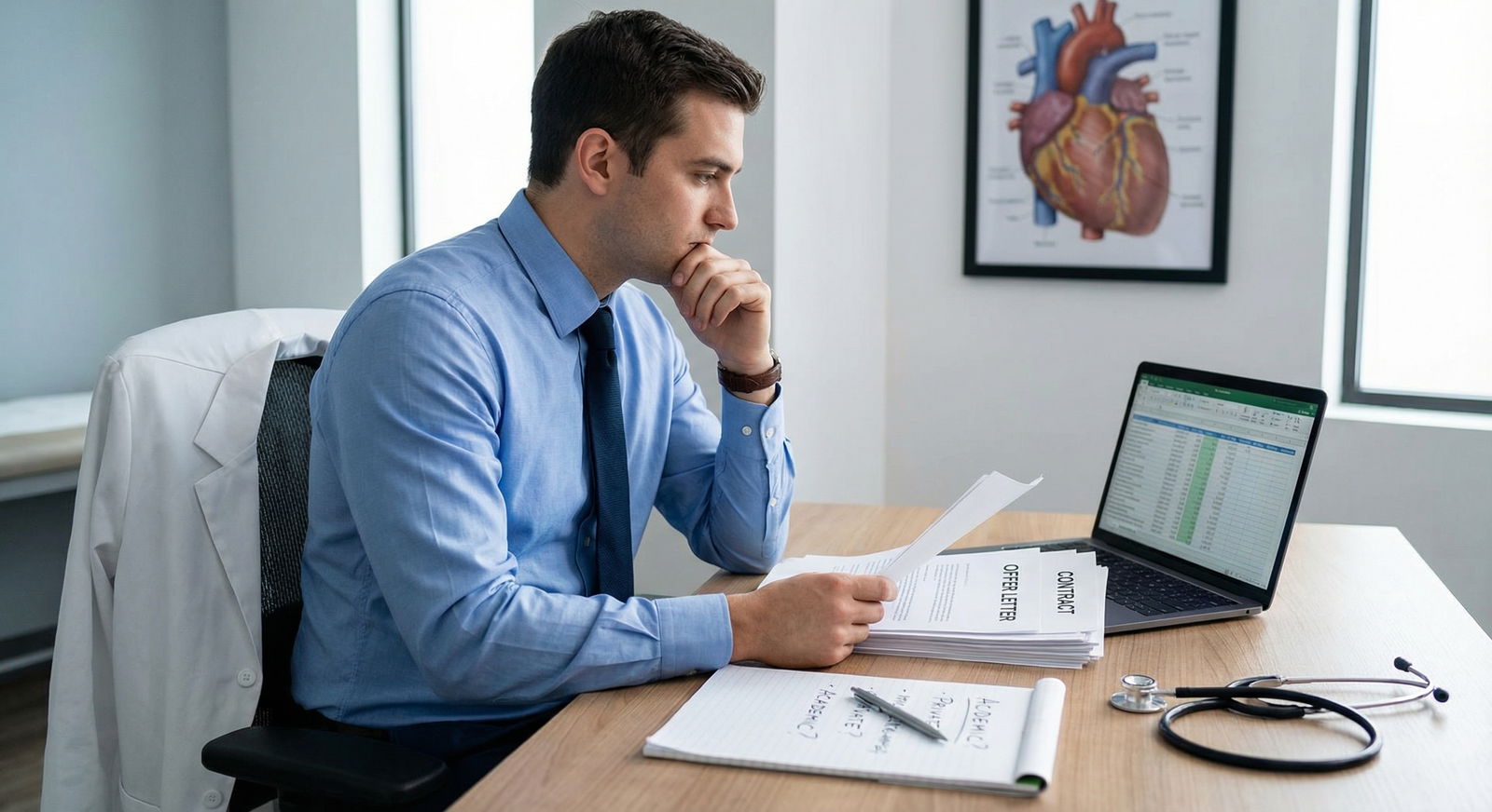 Physician reviewing financial offers and career options after residency - Earnings Comparison for Exploring Earnings: Academi