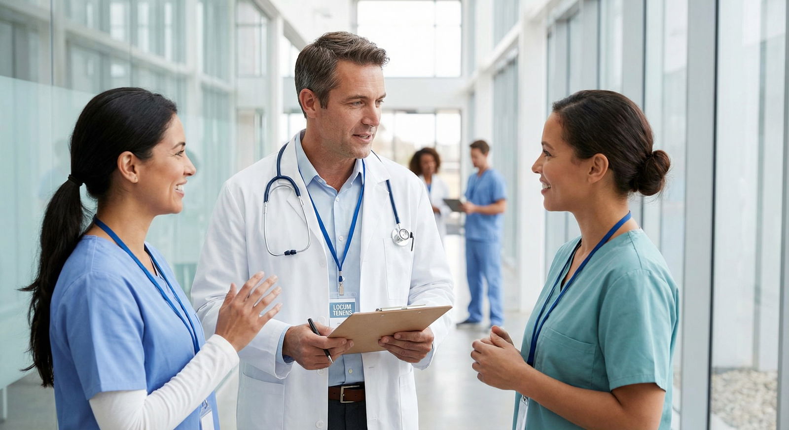 Locum tenens physician networking with colleagues in hospital corridor Locum tenens physician networking with colleagues in hospital corridor - Locum Tenens for Maximize Your Healthcare Career: Ex