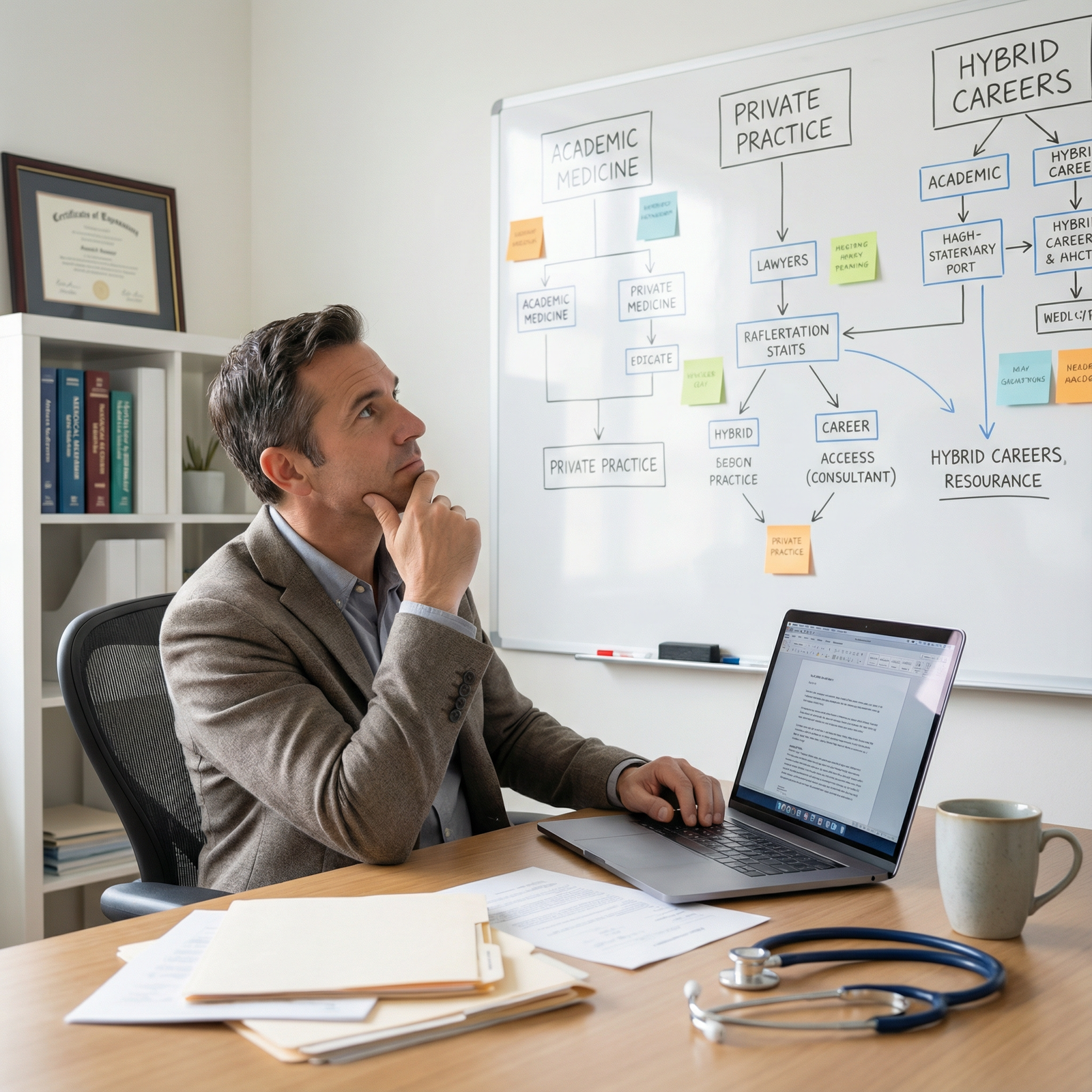 Physician reflecting on career direction at a crossroads - Residency Transition for Navigating Your Residency Transition: Aca