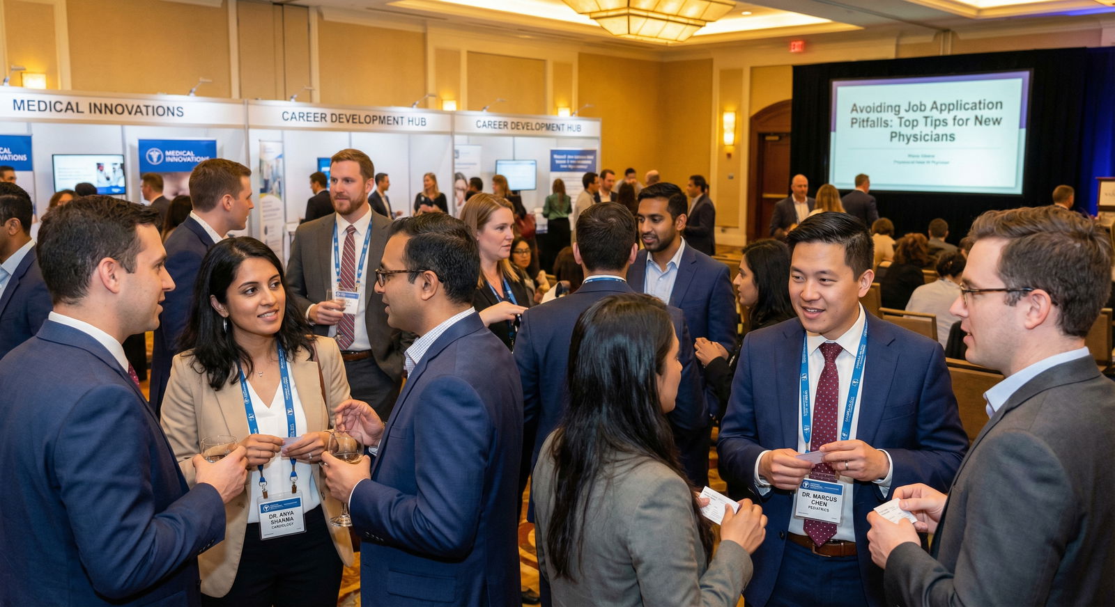 Physician networking at a professional medical conference - Job Applications for Avoiding Job Application Pitfalls: Top Tips