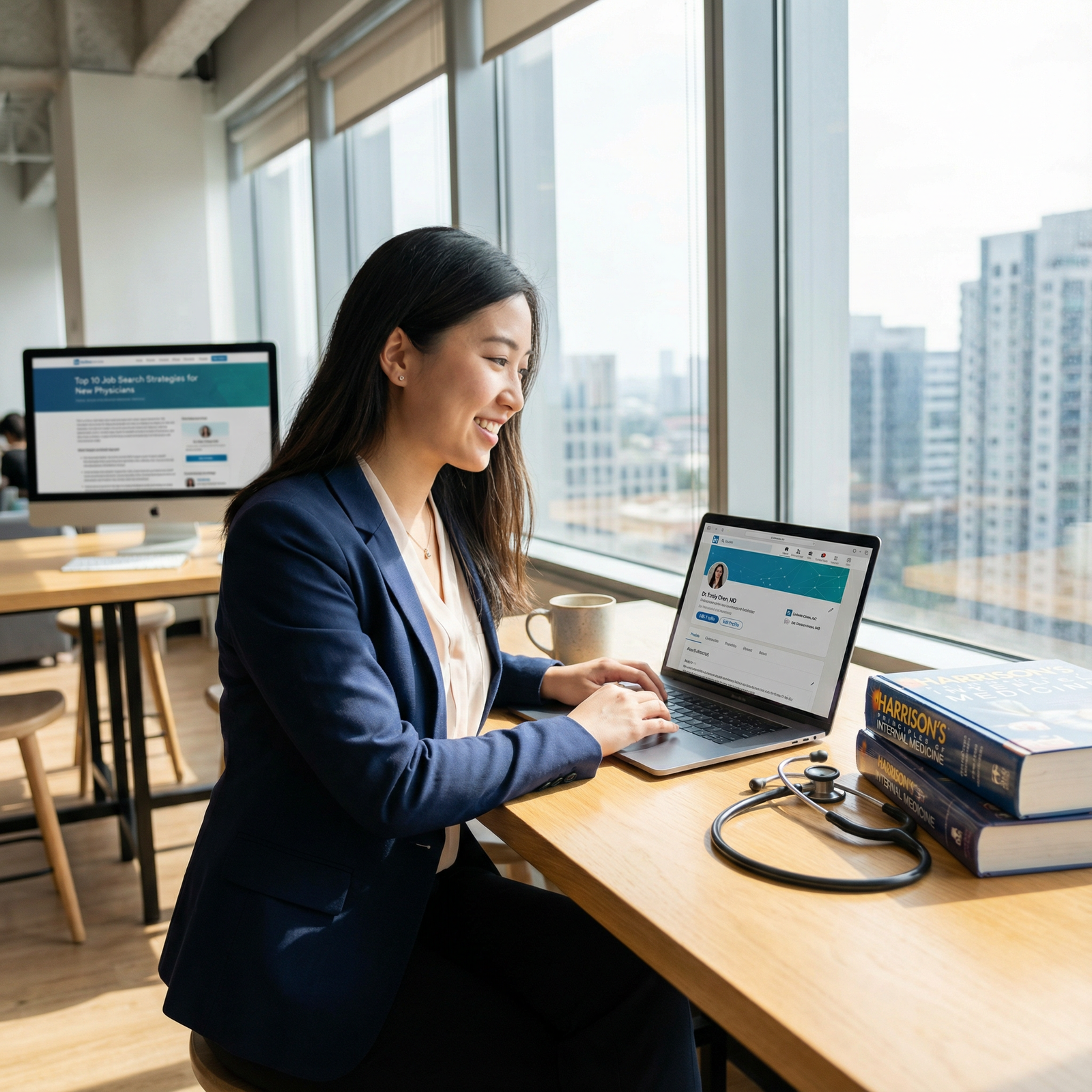 Physician updating LinkedIn profile for professional networking - Job Search for Top 10 Job Search Strategies for New Physici