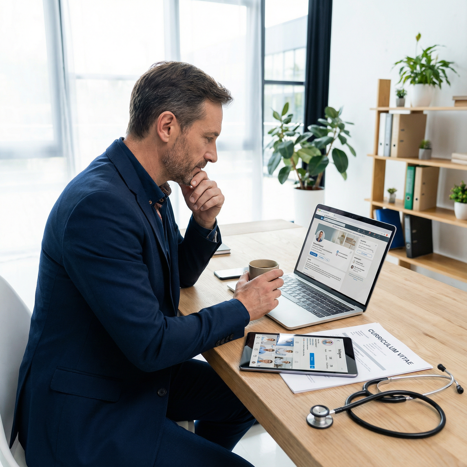 Physician reviewing social media presence before interviews - Social Media for Elevate Your Physician Job Search: Maximize So