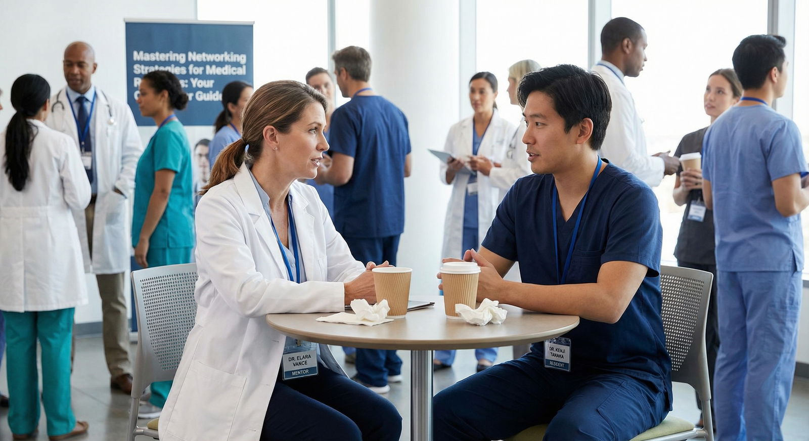 Medical resident speaking with mentor during a hospital networking lunch Medical resident speaking with mentor during a hospital networking lunch - Networking for Mastering Networking Strategies for