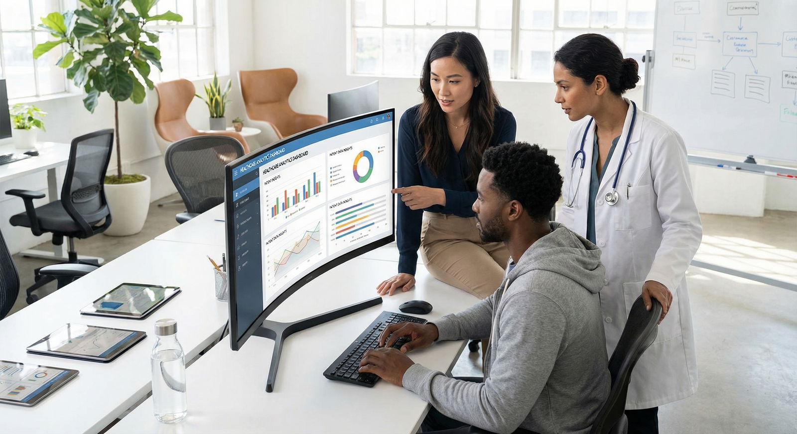 Physician collaborating with engineers on a digital health platform Physician collaborating with engineers on a digital health platform - MedTech for Empowering Physicians: Embrace MedTech Entr