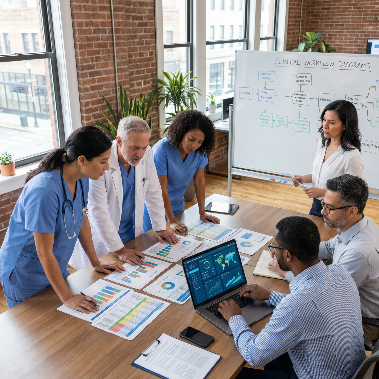 Team of clinicians and data scientists collaborating in a healthcare startup Team of clinicians and data scientists collaborating in a healthcare startup - Data Analytics for Unlocking Physician Innovat