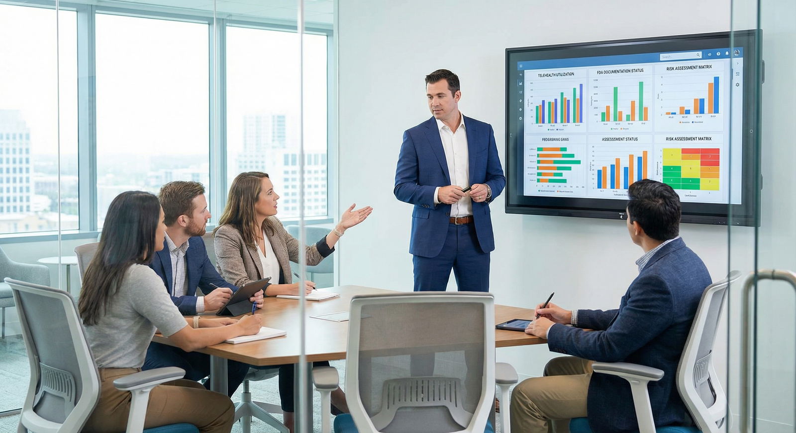 Physician founder leading a compliance and quality review meeting Physician founder leading a compliance and quality review meeting - Medical Startups for Mastering Regulatory Compliance: Ess