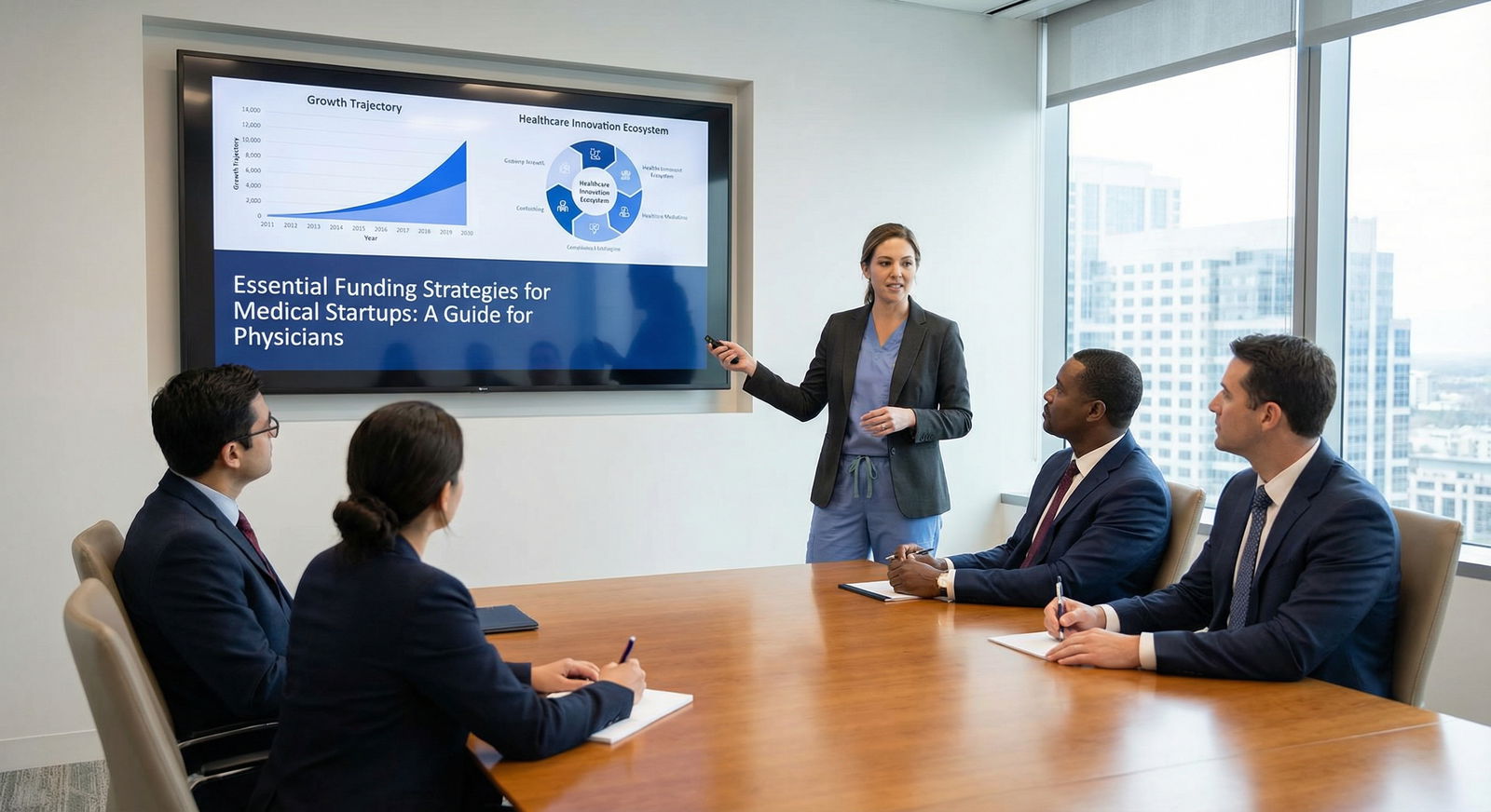 Physician founder delivering a pitch to healthcare investors Physician founder delivering a pitch to healthcare investors - Medical Startups for Essential Funding Strategies for Medical