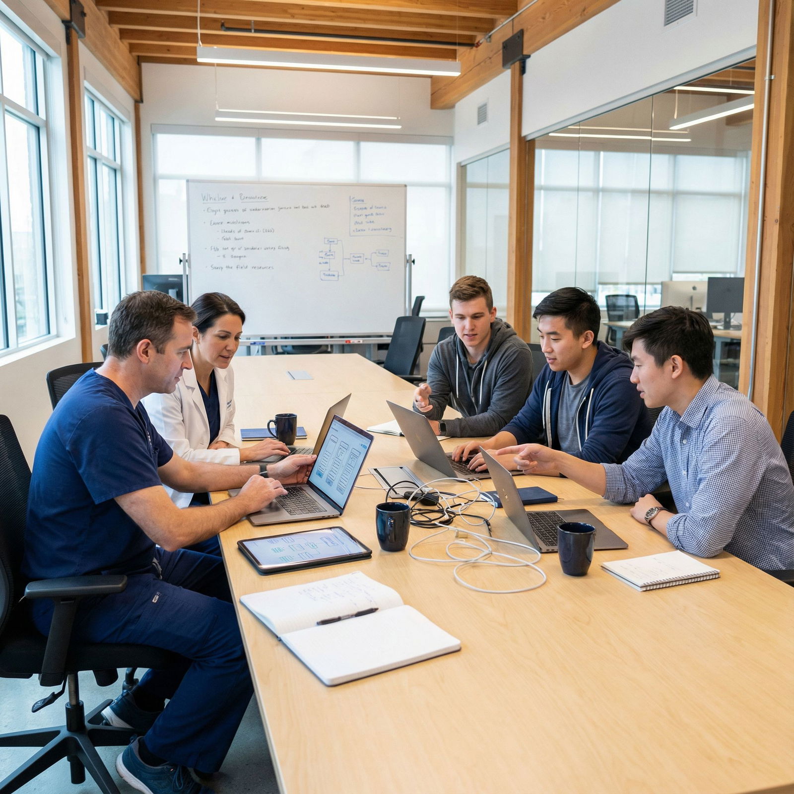 Physician founders collaborating with engineers on a healthcare app Physician founders collaborating with engineers on a healthcare app - Healthcare Innovation for Physician Entrepreneurs: Tran