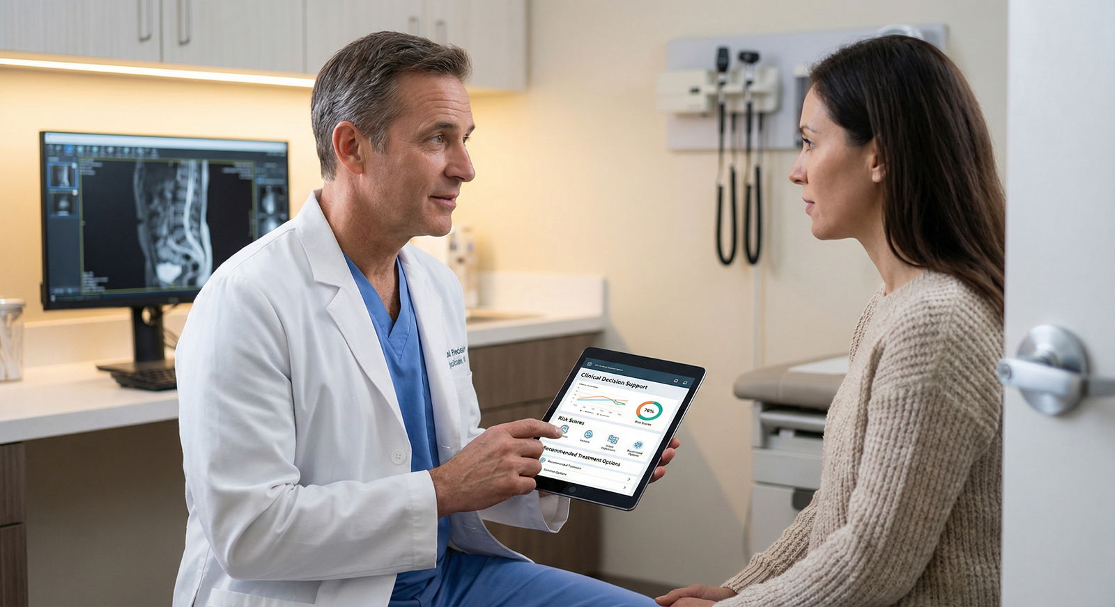 Clinician using AI decision support during patient consultation - AI in Healthcare for Harnessing AI in Healthcare: Benefits