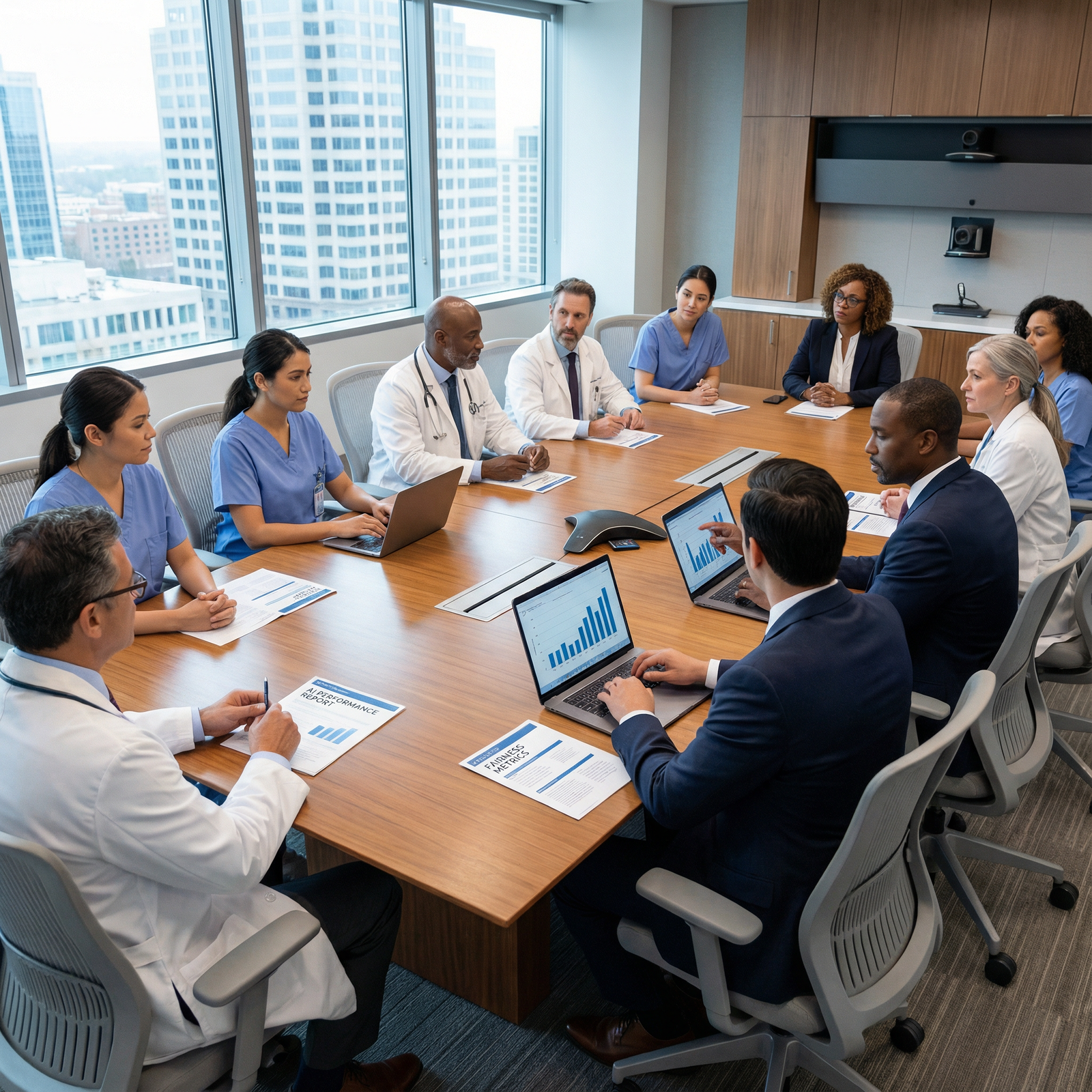 Ethical oversight committee reviewing AI healthcare algorithms - AI in Healthcare for Harnessing AI in Healthcare: Benefits a