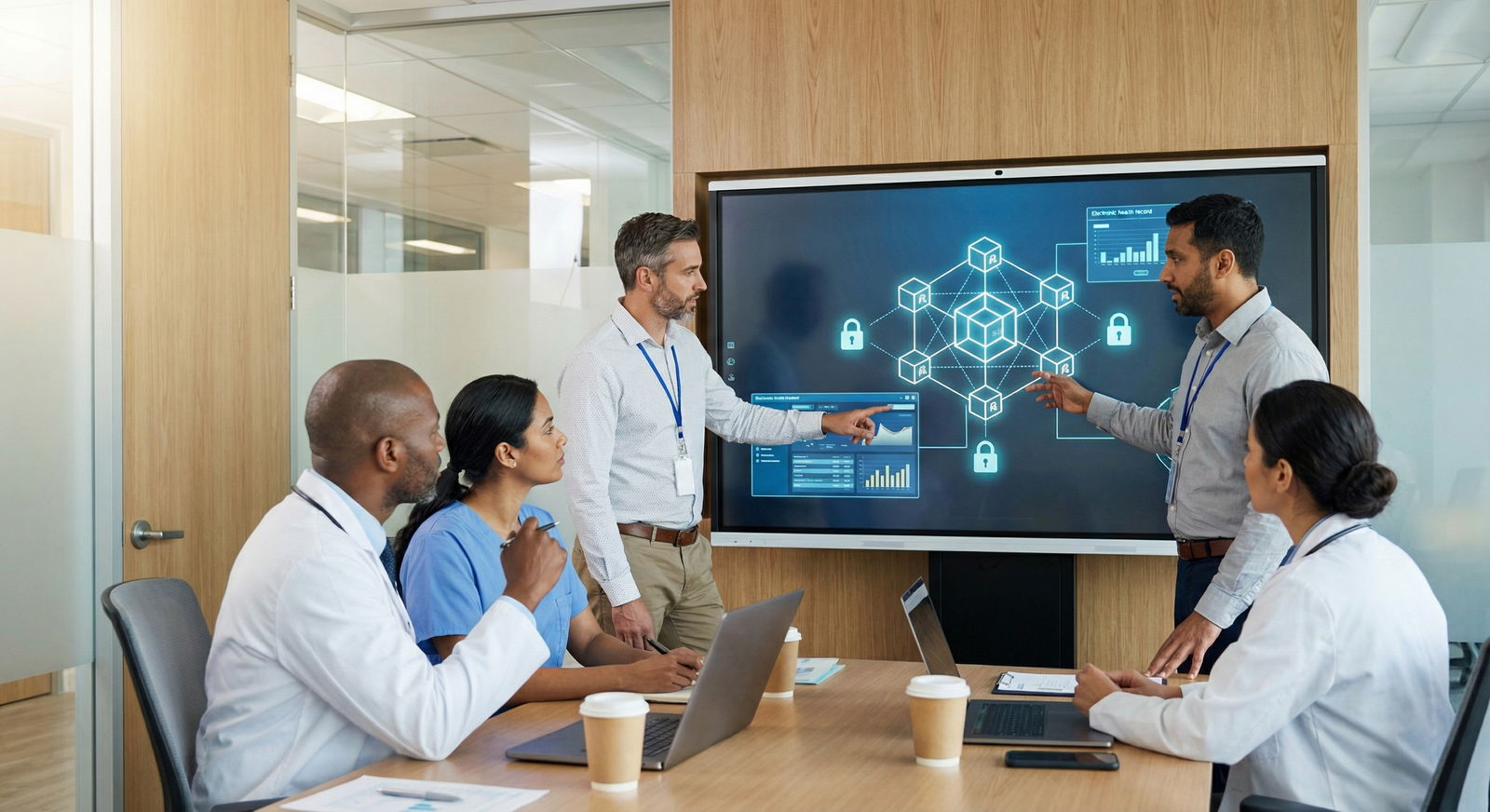 Clinicians and IT professionals reviewing a blockchain-based health data dashboard Clinicians and IT professionals reviewing a blockchain-based health data dashboard - Blockchain Technology for Revolutionizin