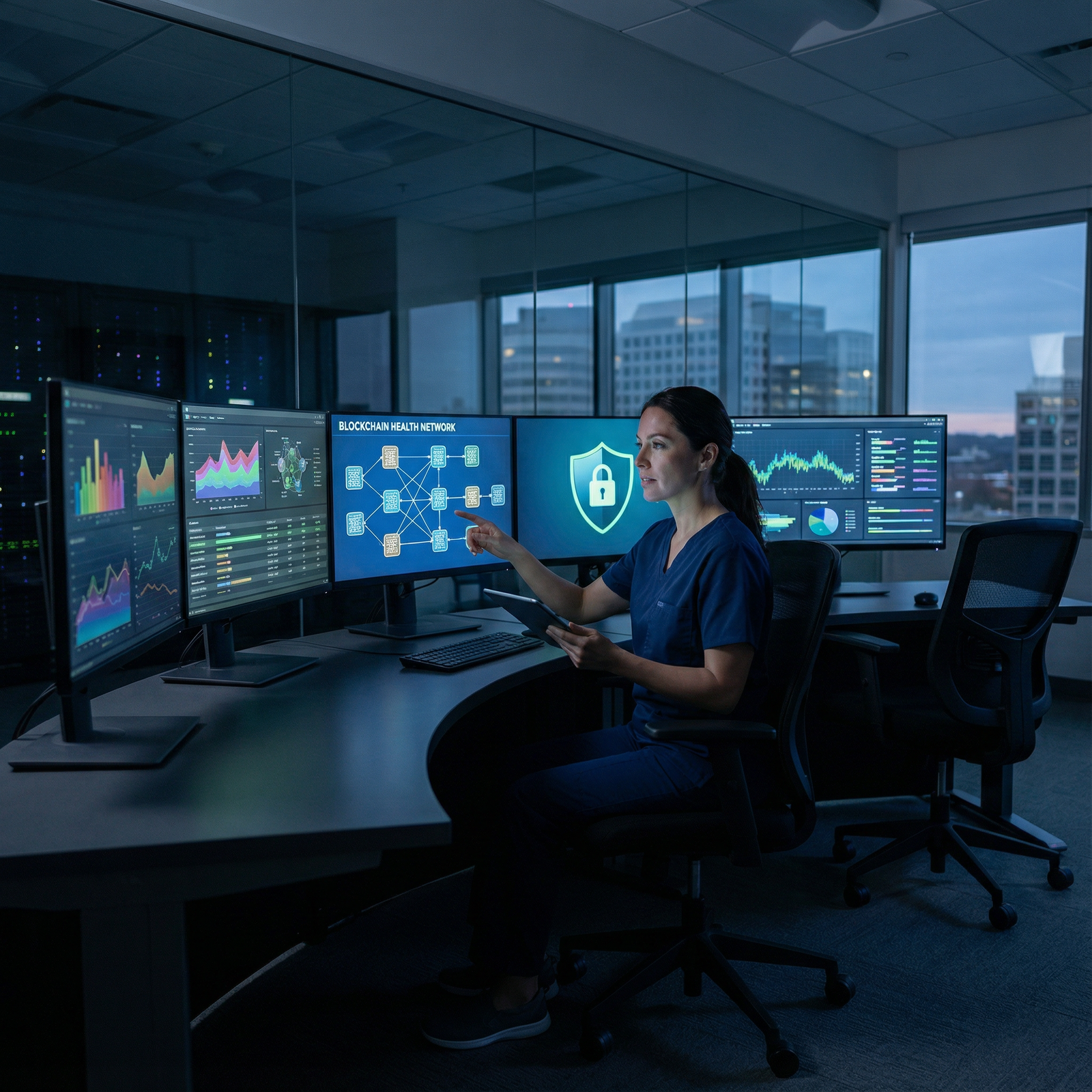 Healthcare professional analyzing blockchain-based health data with security visualization Healthcare professional analyzing blockchain-based health data with security visualization - Blockchain Technology for Revolu