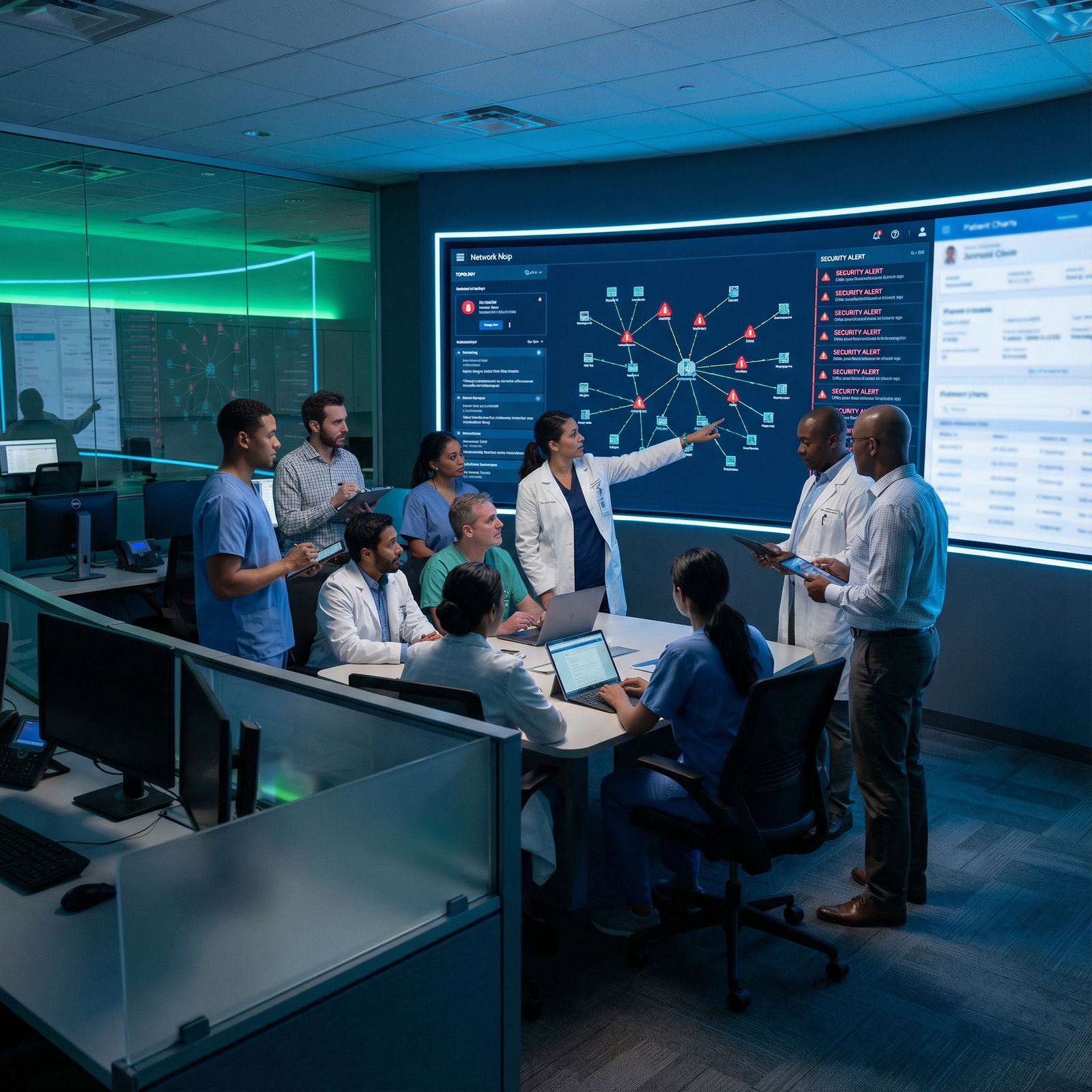 Healthcare cybersecurity professionals reviewing patient data security architecture - Healthcare Security for Mastering Healt