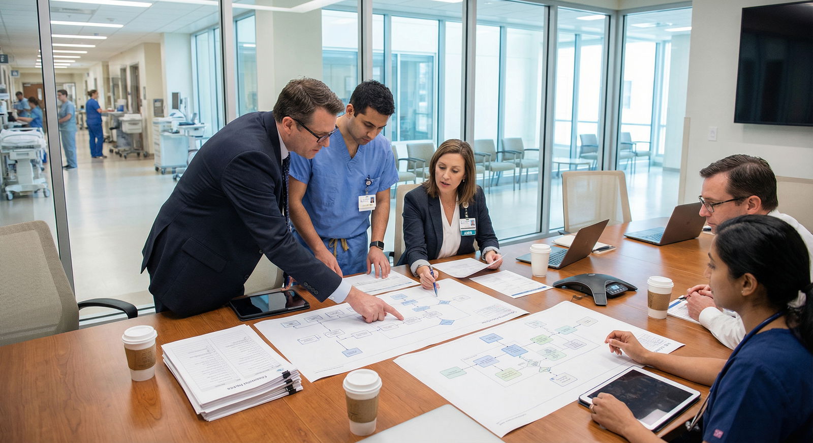 Clinical team and IT specialists collaborating on hospital cybersecurity policies - Healthcare Security for Mastering Healthc