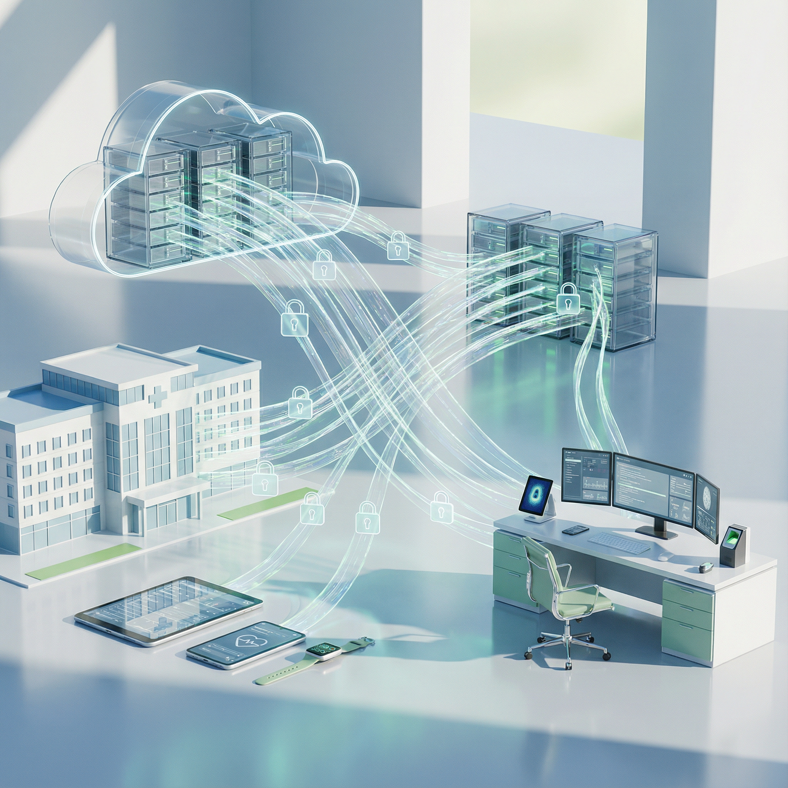 Secure digital health ecosystem with cloud, devices, and EHR interconnected - Healthcare Security for Mastering Healthcare Da