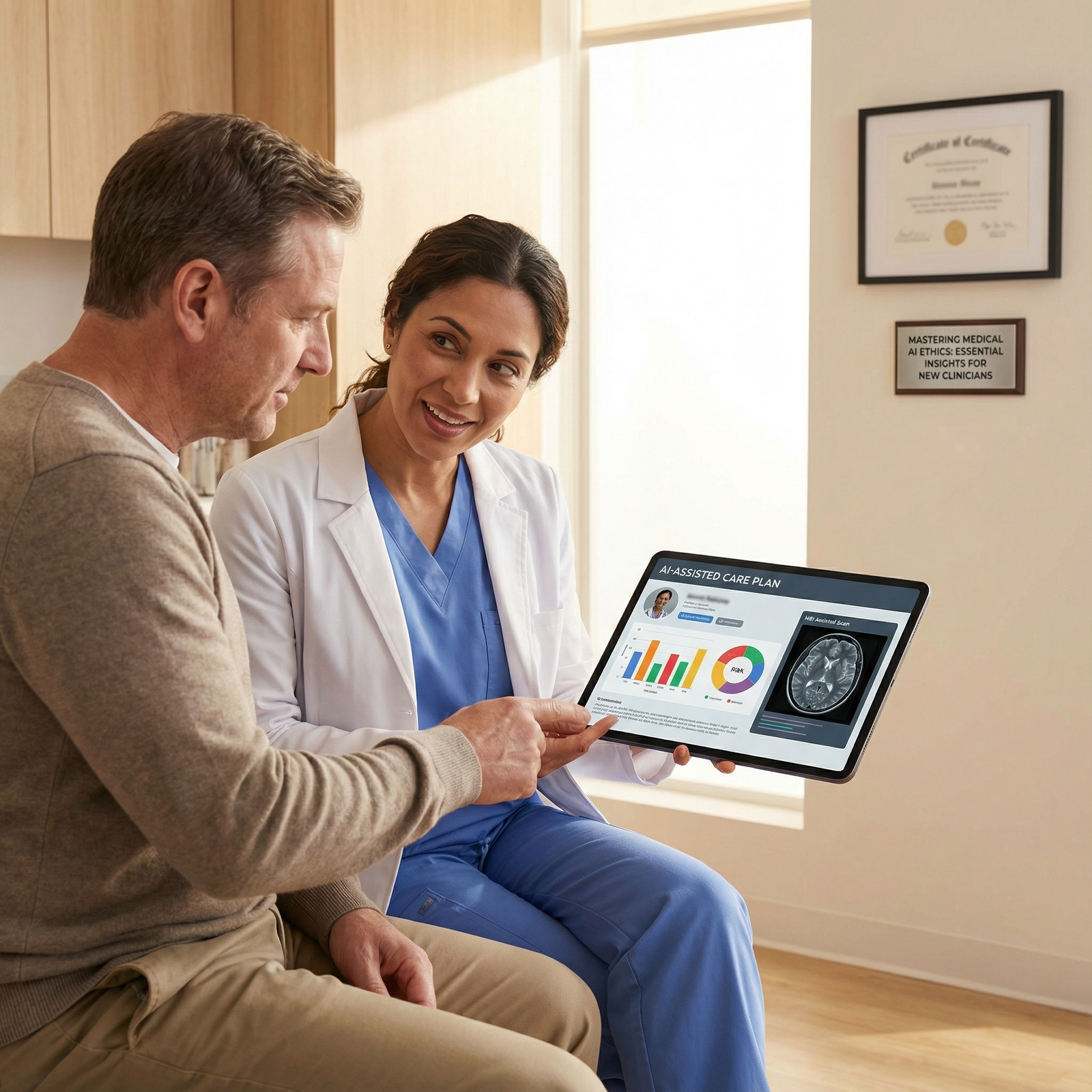 Clinician explaining AI-assisted care plan to patient - Medical AI for Mastering Medical AI Ethics: Essential Insights for Ne