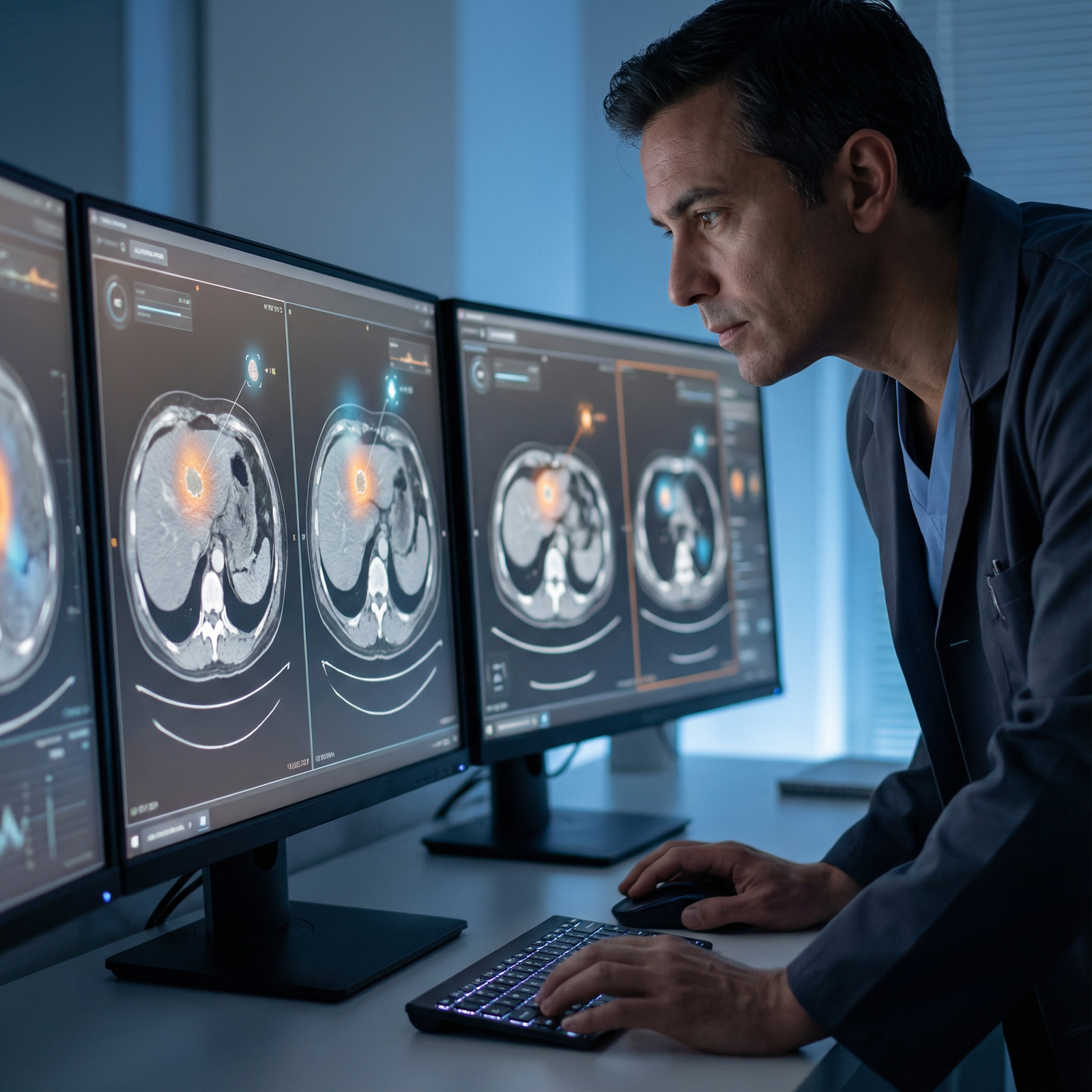 Clinician using AI-assisted medical imaging workstation - Artificial Intelligence for Harnessing AI in Healthcare: Innovating