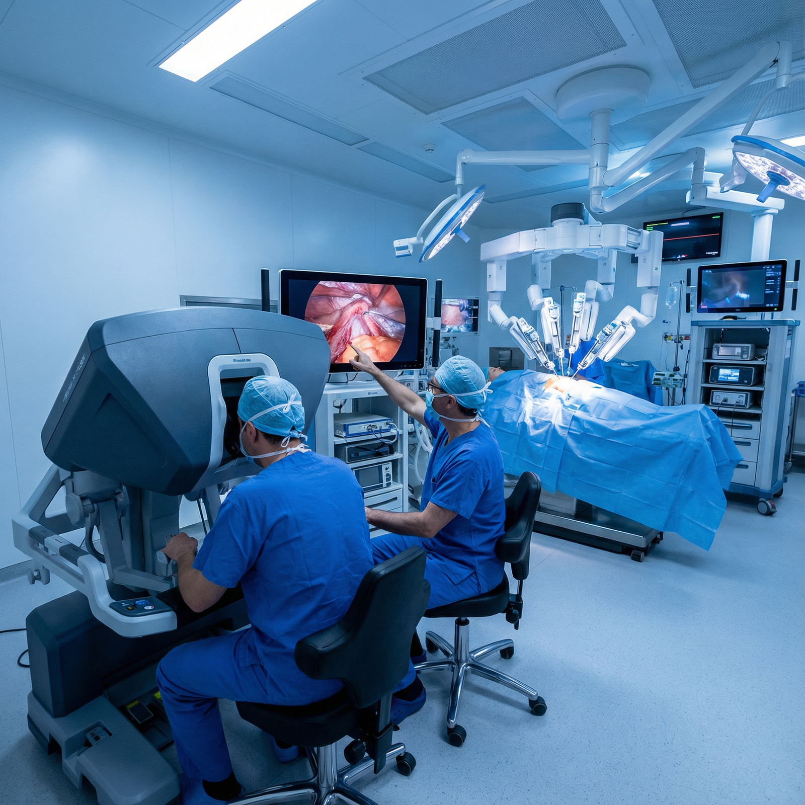Surgeons using a robotic console during a minimally invasive operation - Robotic Surgery for Discover the Future of Robotic S