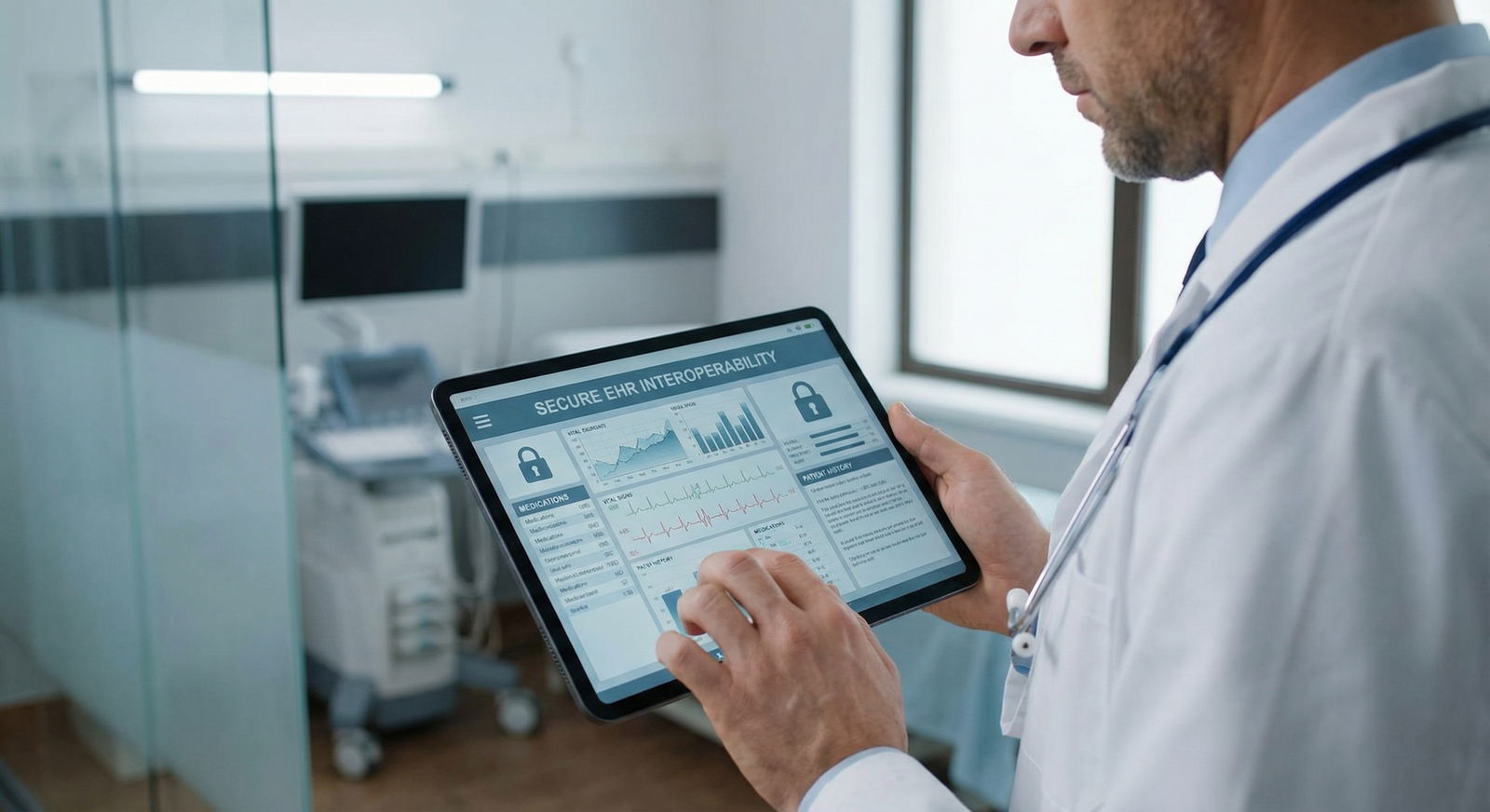 Physician reviewing secure interoperable patient data on a tablet - Interoperability for Unlocking Interoperability in Electr