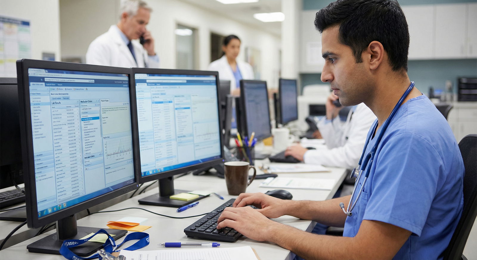Resident physician documenting in an EHR at a hospital workstation - Electronic Health Records for Maximize Patient Care with