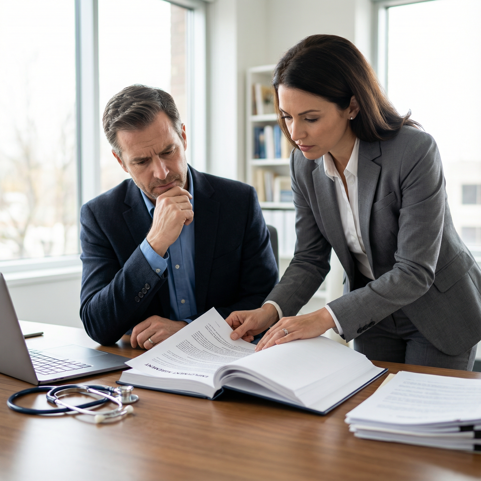 Physician reviewing employment contract with legal advisor - Physician Contracts for Mastering Physician Contracts: Key Compo