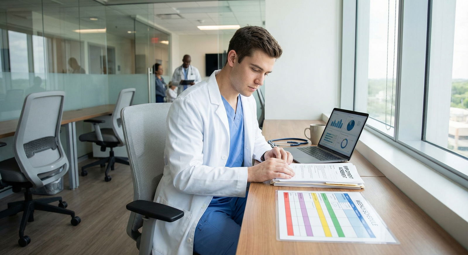 New attending physician reviewing work schedule and position expectations - Physician Contracts for Mastering Physician Contr