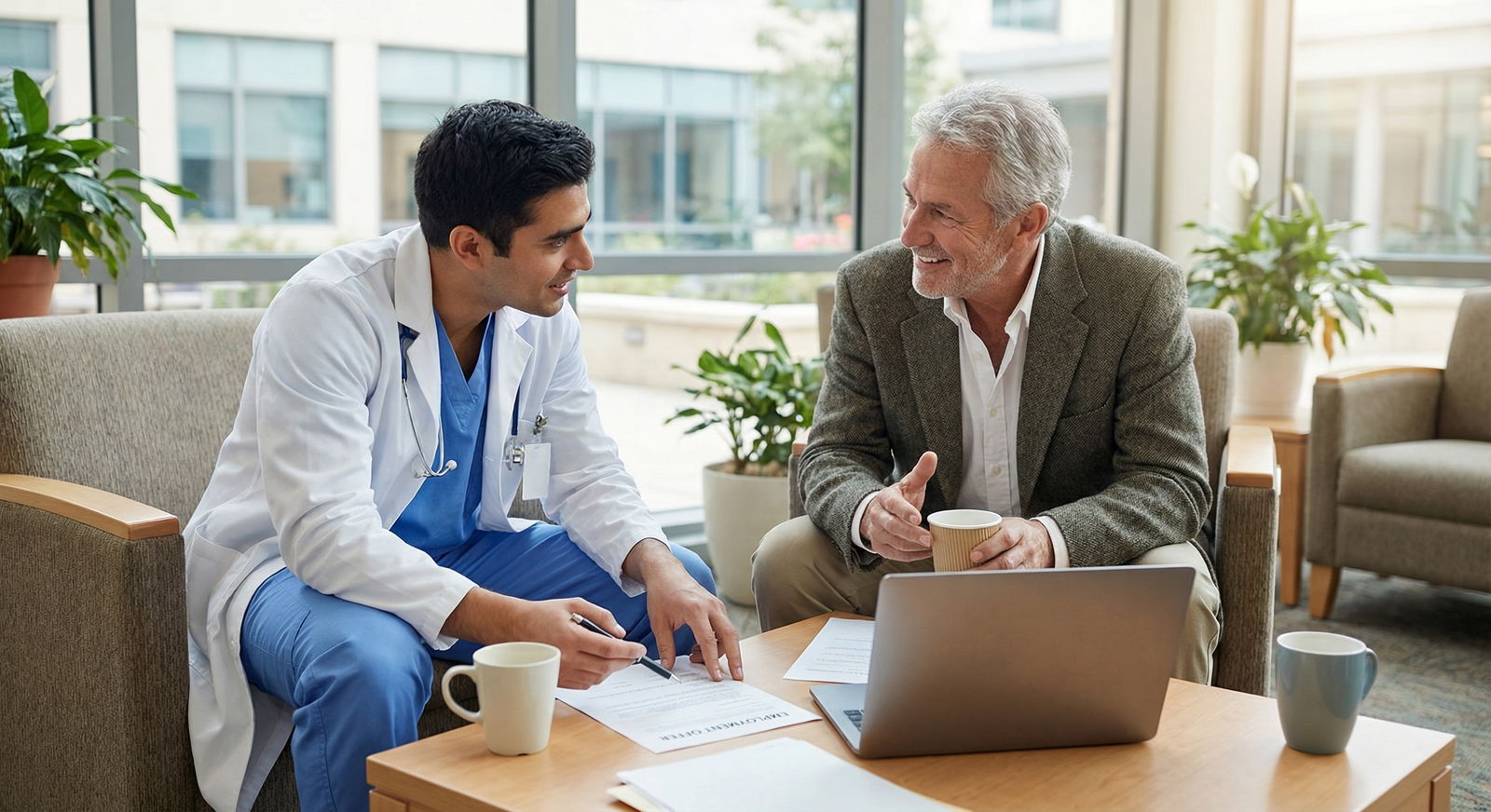Physician discussing job offer details with mentor Physician discussing job offer details with mentor - Physician Contracts for Mastering Physician Contract Negotiation: Essent