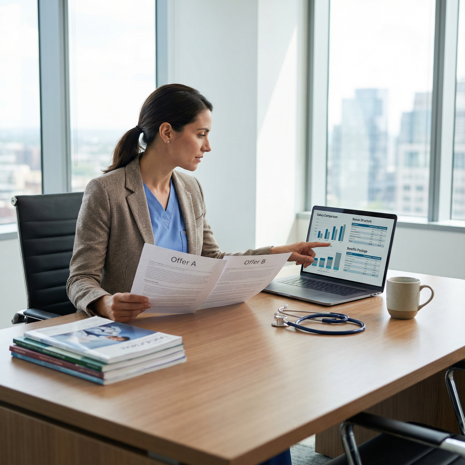 Physician comparing compensation structures and benefits in job offers Physician comparing compensation structures and benefits in job offers - Physician Contracts for Maximize Your Physician Cont