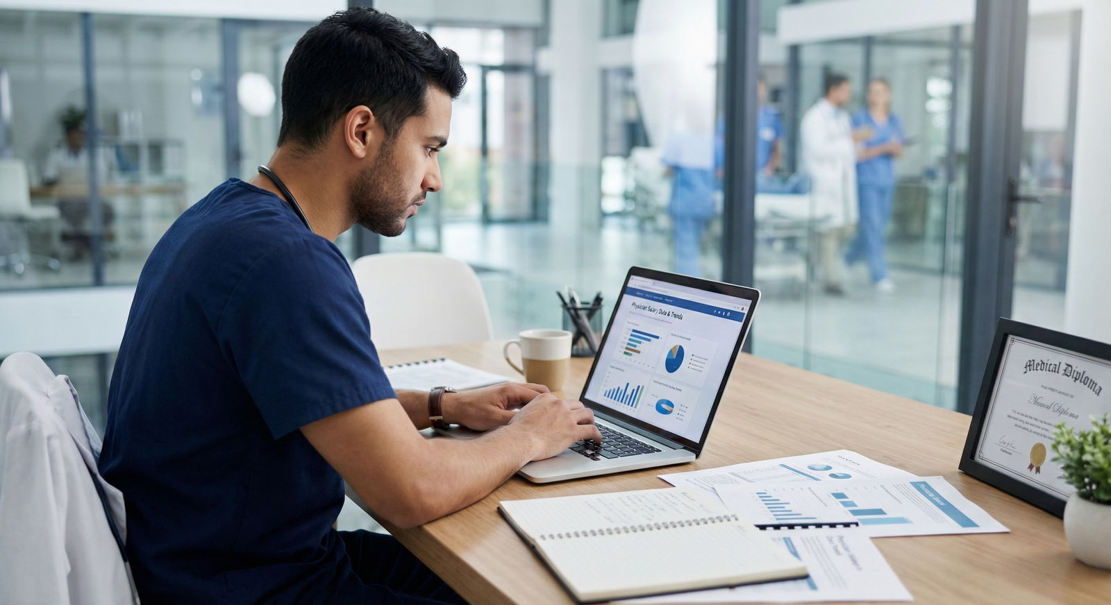 Physician using online salary tools for contract negotiation - Salary Transparency for Mastering Salary Transparency: Secure