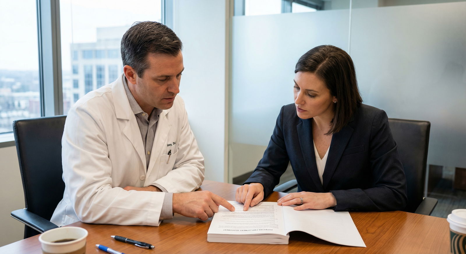 Physician discussing contract details with healthcare attorney Physician discussing contract details with healthcare attorney - Physician Contracts for Mastering Physician Contracts: Negot