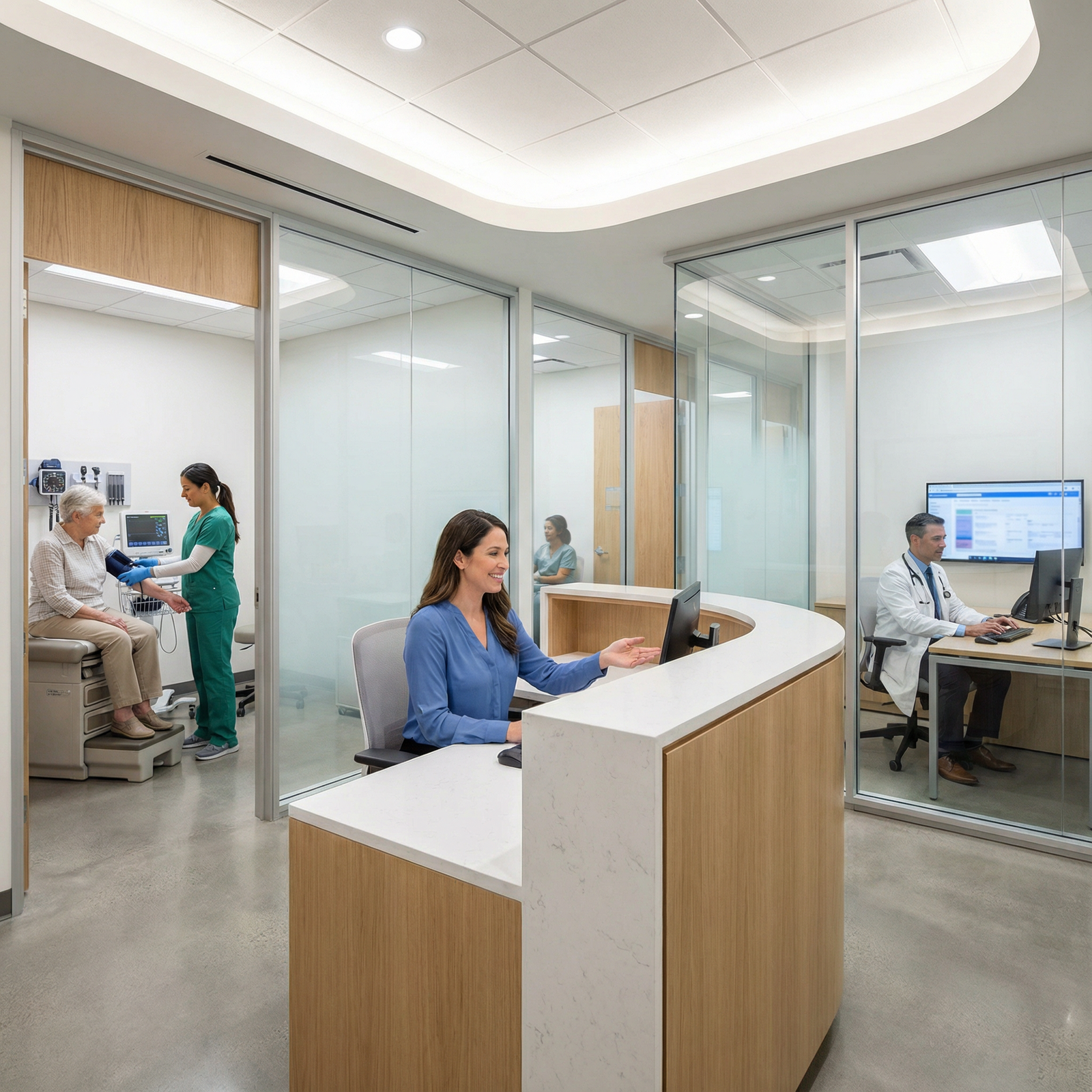 Healthcare practice workflow showing front desk, clinical staff, and physician coordination - Healthcare Staffing for Strateg