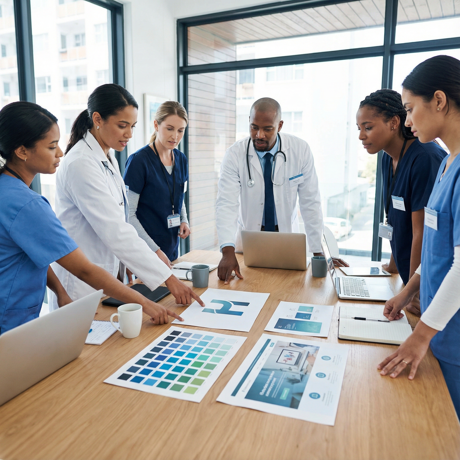 Medical practice team reviewing brand identity materials - Marketing for Effective Healthcare Marketing Strategies for New Me