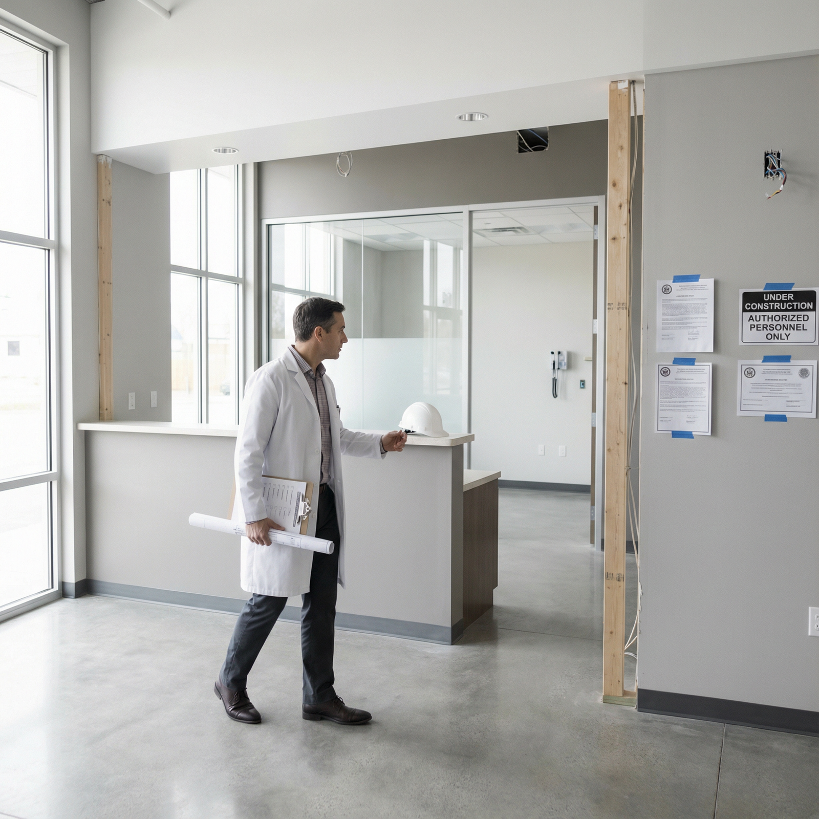 Physician walking through newly built clinic space while reviewing regulatory checklist Physician walking through newly built clinic space while reviewing regulatory checklist - Medical Practice for Essential Guid