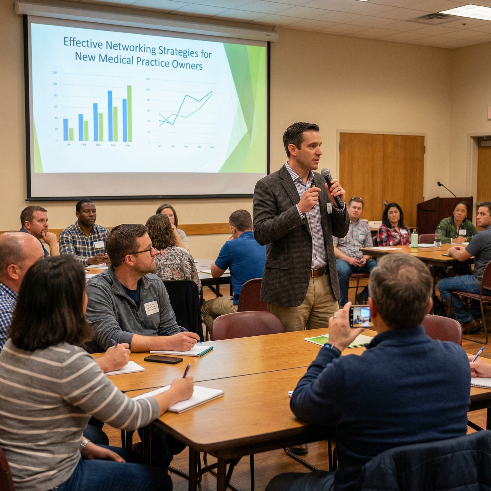Physician presenting health education at a community seminar Physician presenting health education at a community seminar - Networking for Effective Networking Strategies for New Medical