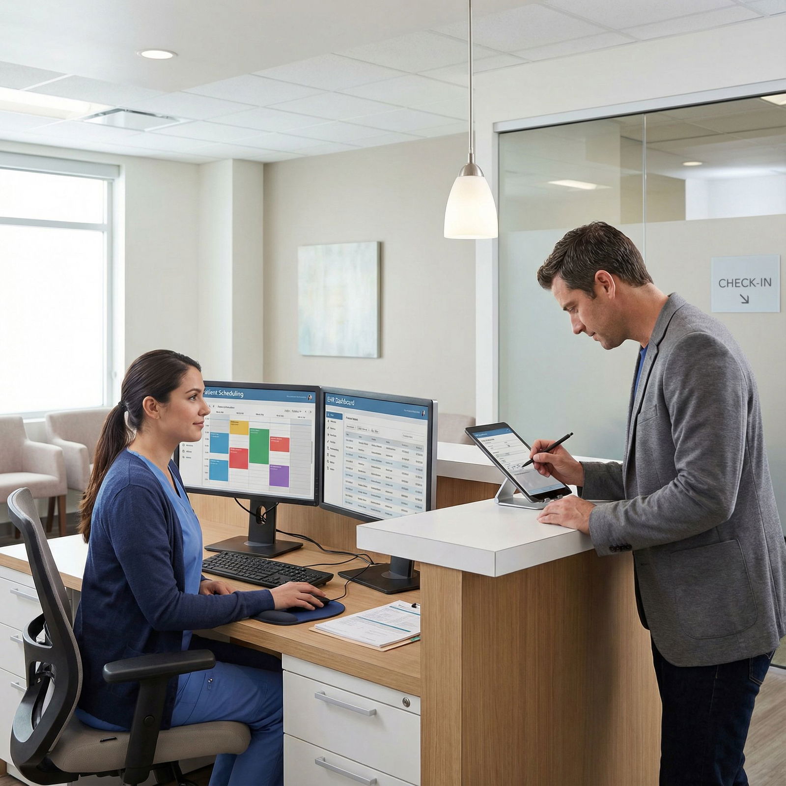 Staff using scheduling and EHR systems at a medical clinic front desk Staff using scheduling and EHR systems at a medical clinic front desk - Medical Clinic for Essential Office Systems for New M