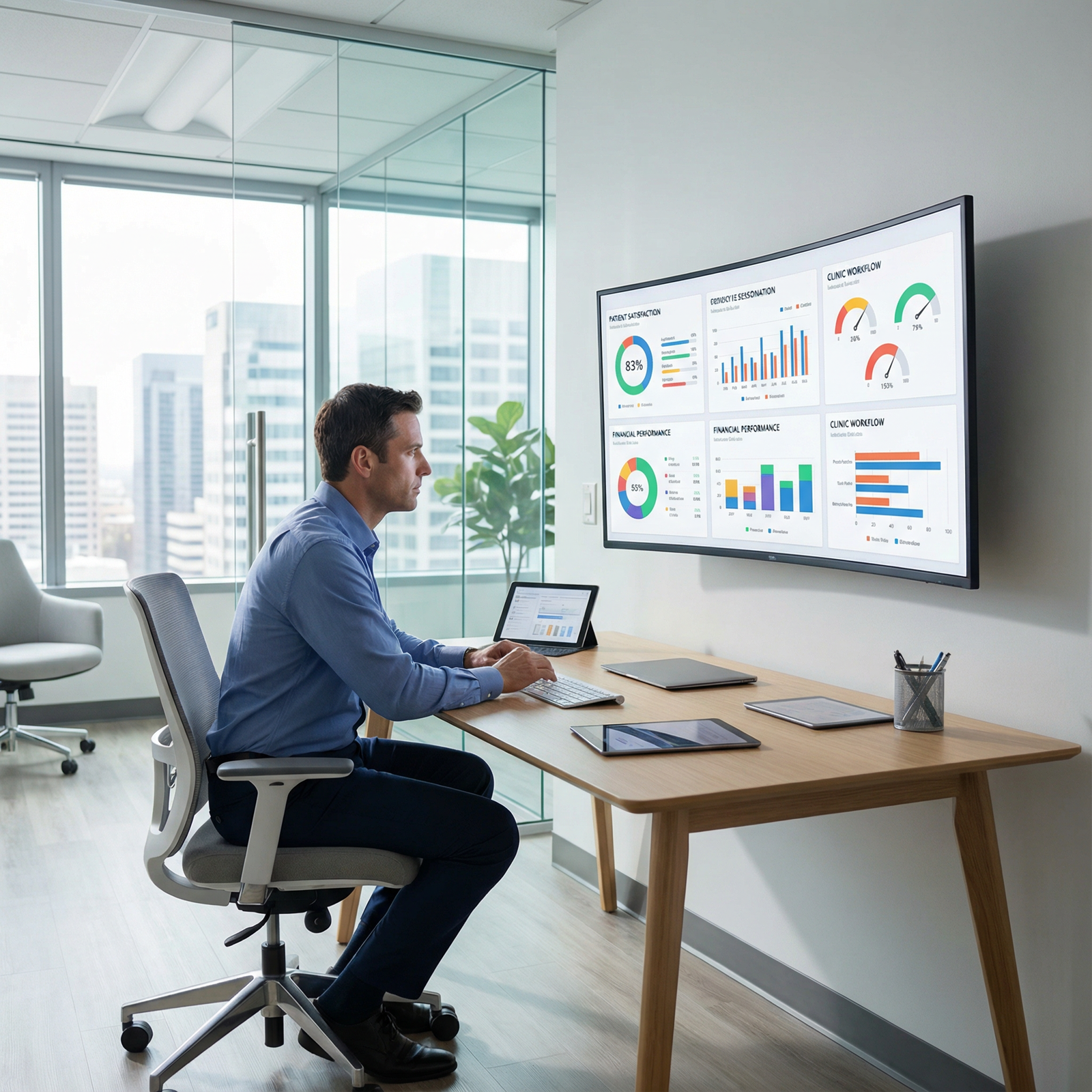 Physician reviewing clinic performance dashboards and metrics Physician reviewing clinic performance dashboards and metrics - Medical Clinic for Essential Office Systems for New Medical C