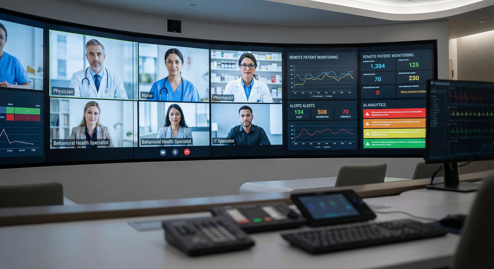 Interdisciplinary telehealth team collaborating virtually Interdisciplinary telehealth team collaborating virtually - Telemedicine for Explore Emerging Telemedicine Roles: Career Tren