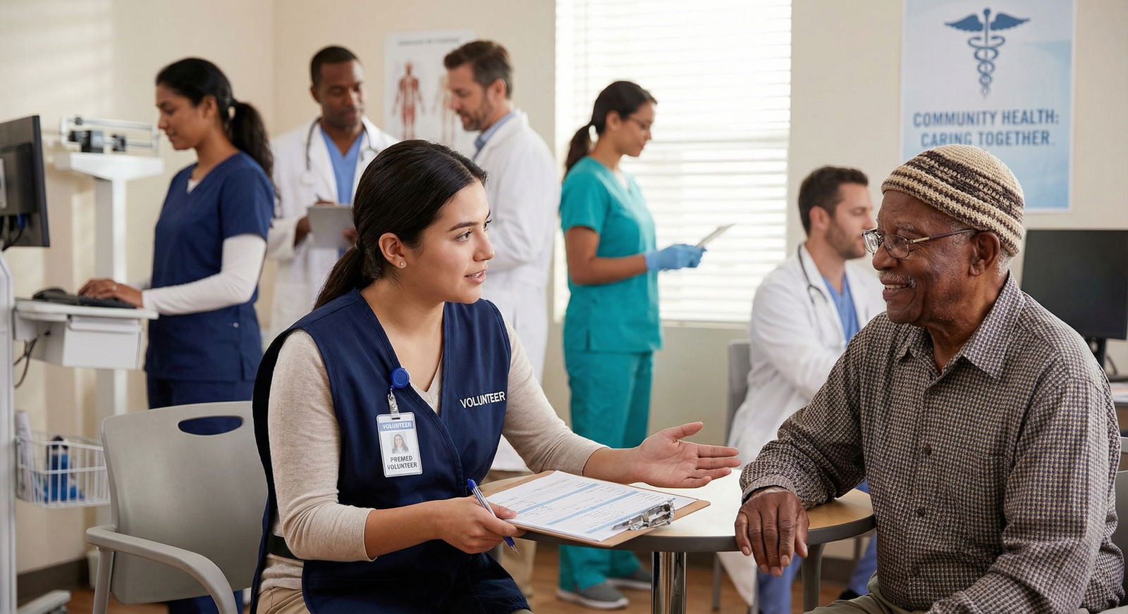 Premed student interacting with an elderly patient in a community clinic - Clinical Volunteering for Transform Your Medical C