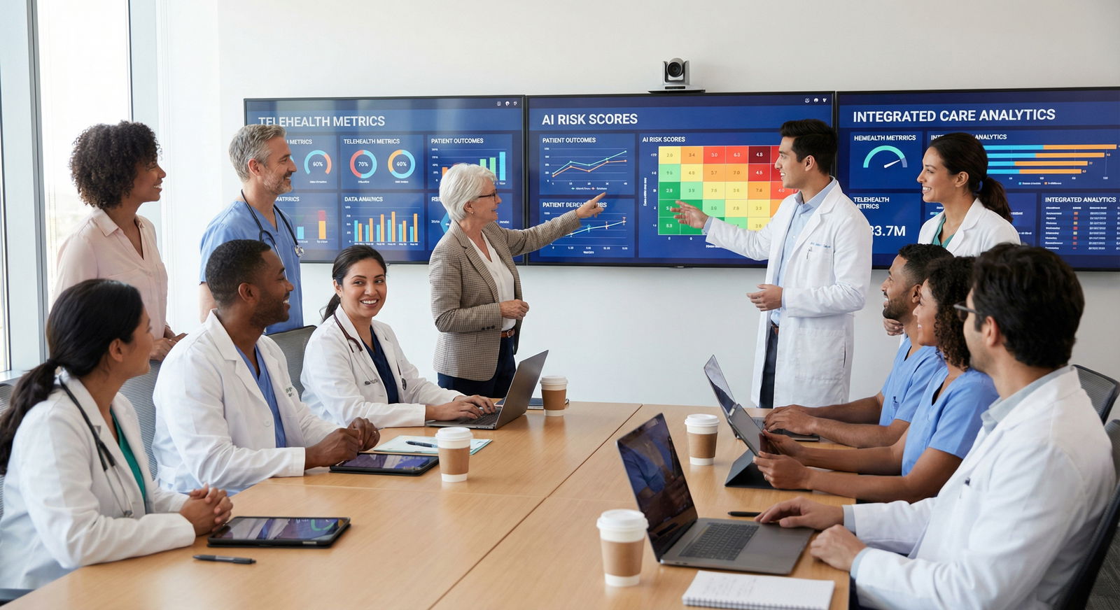 Diverse DO and MD physicians discussing digital health data - Healthcare for Unlocking Healthcare's Future: The DO vs MD Jour