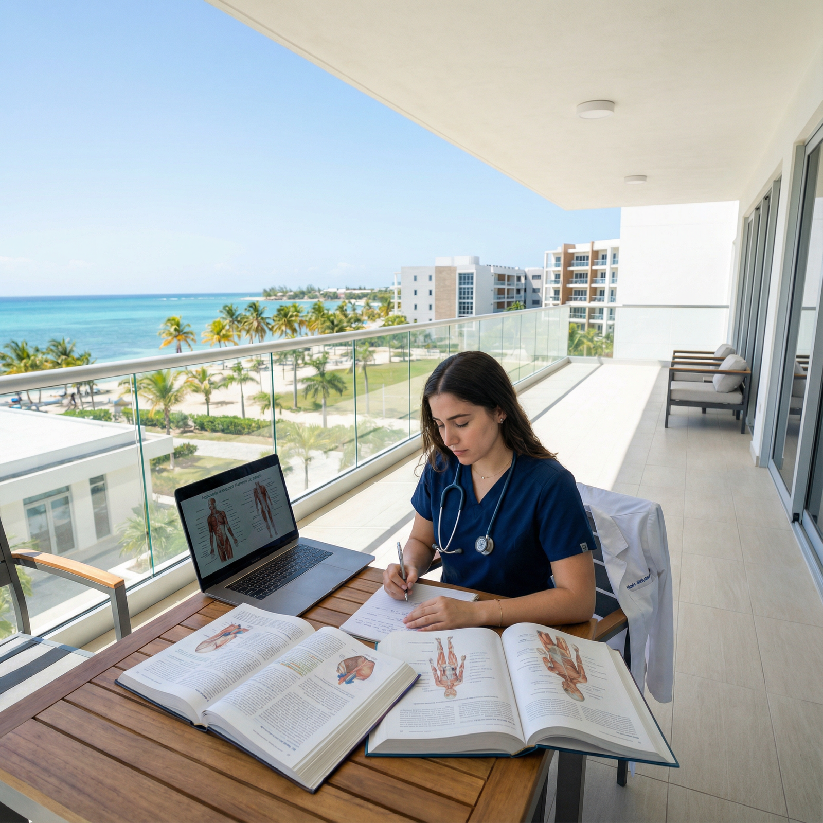 Caribbean medical student studying with ocean view - Caribbean Medical Schools for Debunking Myths: The Truth About Caribbean